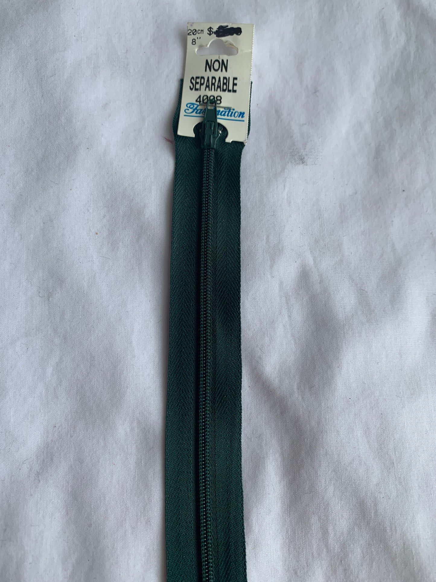 8 Inch Non-Separating Zipper, Forest Green, Molded Plastic, New