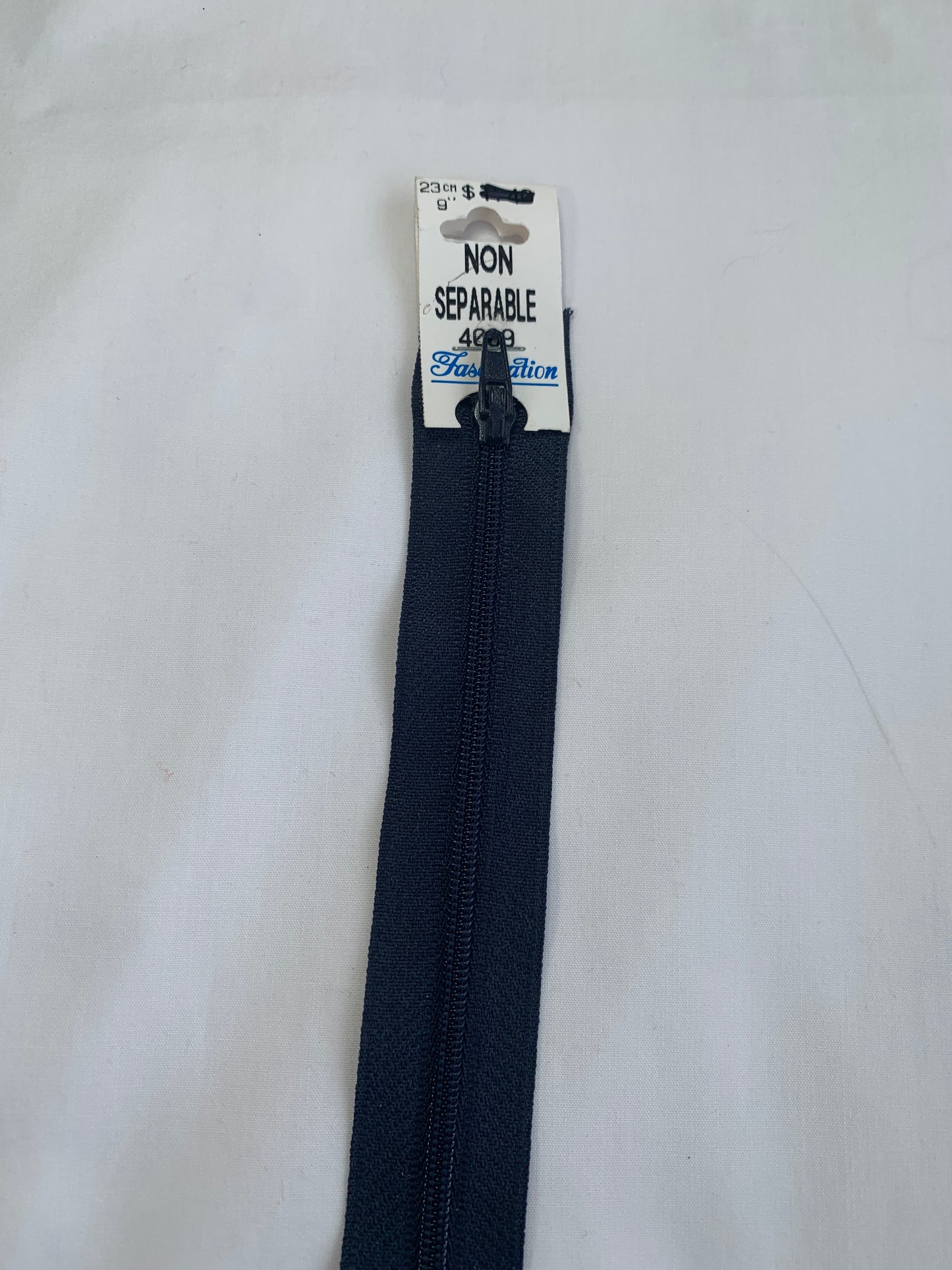 9 Inch Non-Separating Zipper, Navy Blue, Molded Plastic, New