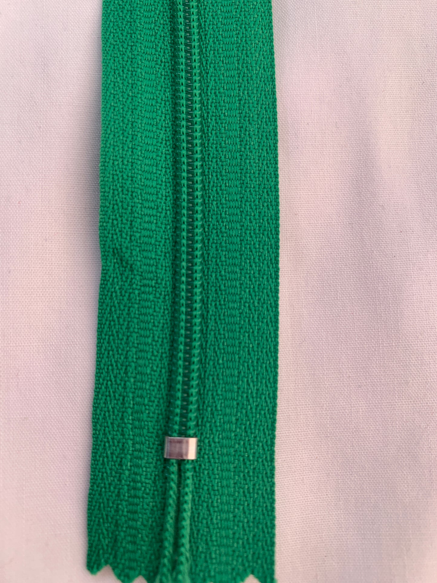 14 Inch Non-Separating Zipper, Sheen Green, Molded Plastic, New