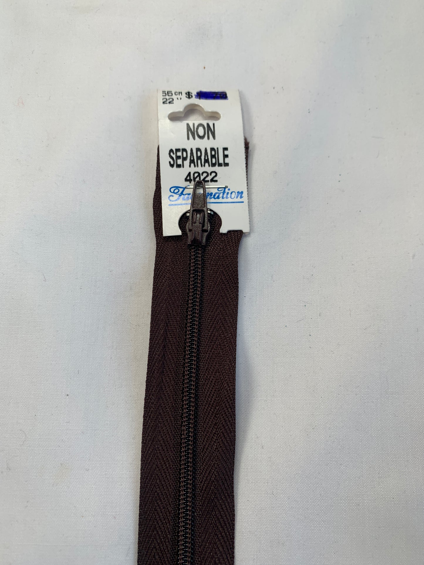 20 Inch Non-Separating Zipper, Dark Brown Color, Molded Plastic, New