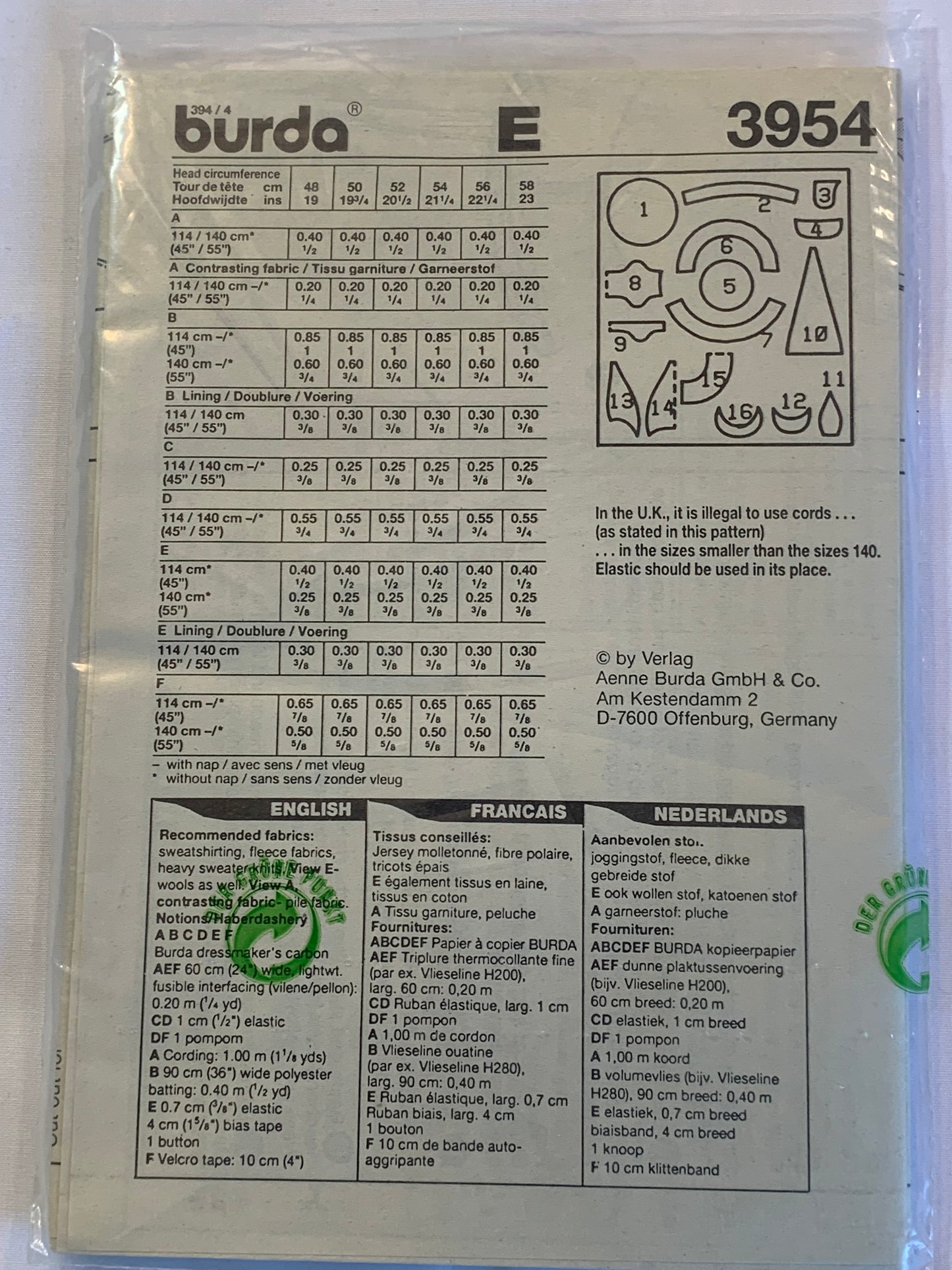 Burda Sewing Pattern 3954 Boy's/Girls' Caps, Hats, Togues Size 19" - 23" Circumference, Uncut, 2014