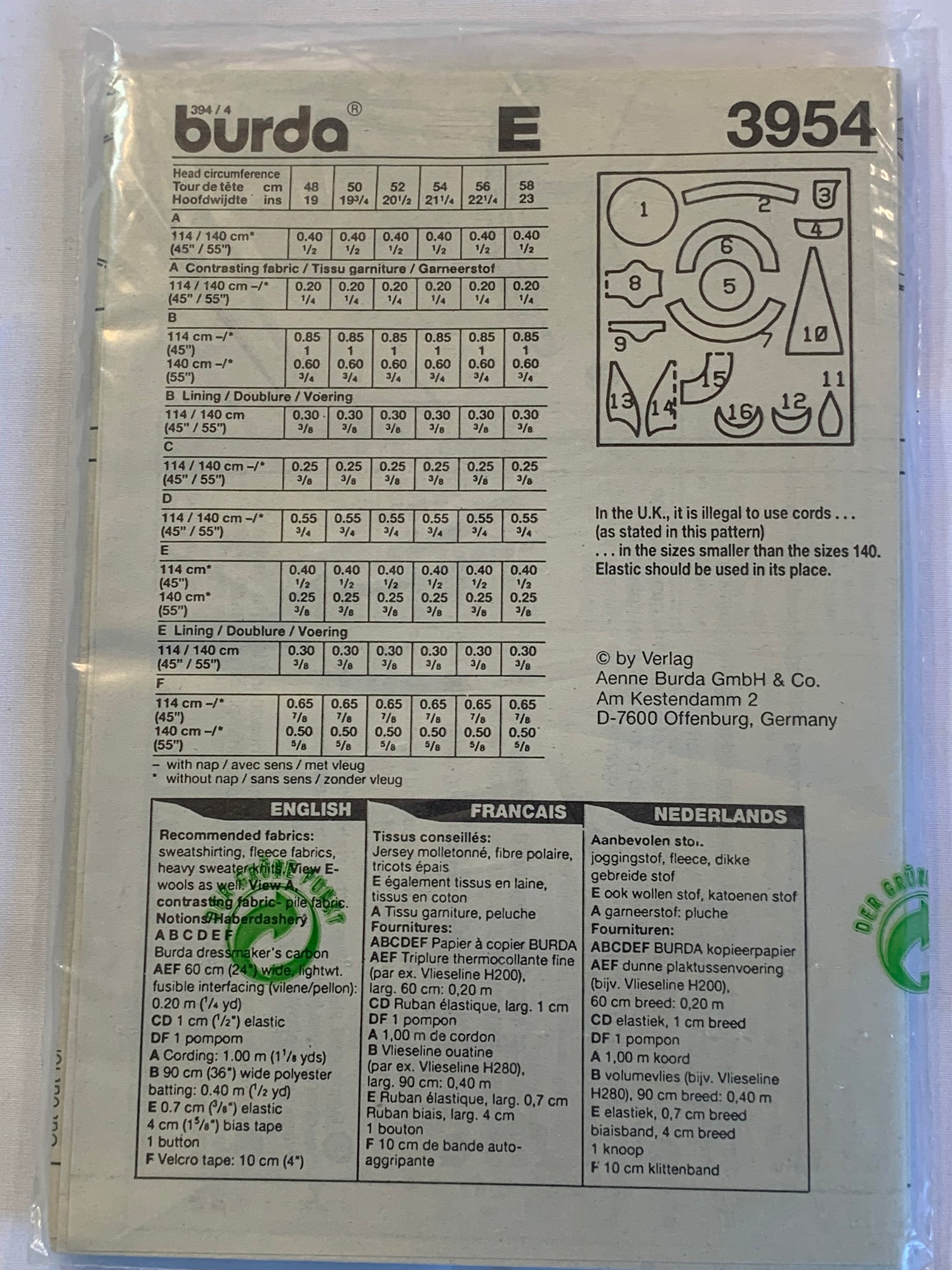 Burda Sewing Pattern 3954 Boy's/Girls' Caps, Hats, Togues Size 19" - 23" Circumference, Uncut, 2014