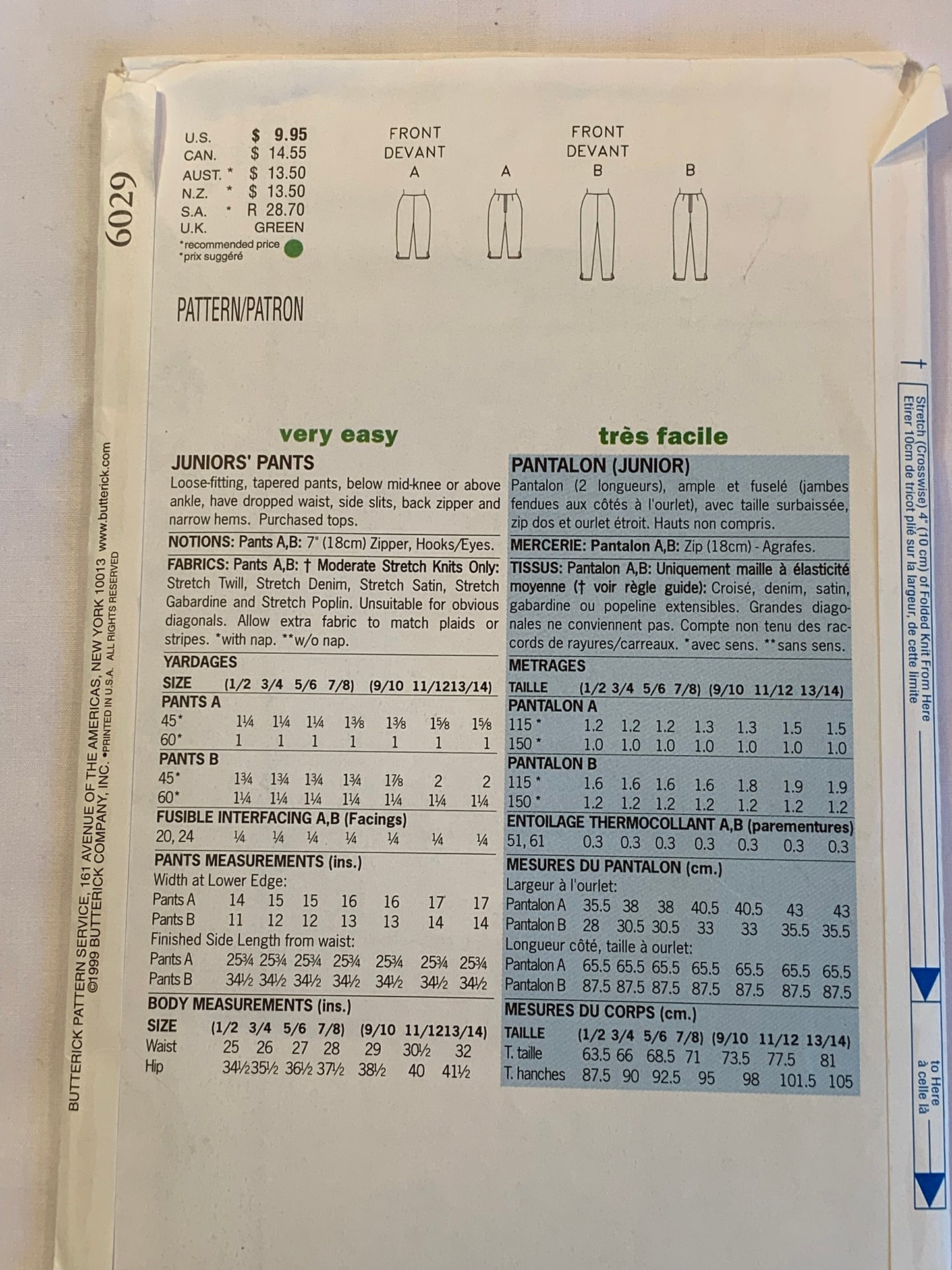 Butterick Sewing Pattern 6029 Misses' Junior/Teen Pants, Loose-Fitting, Two Lengths, Tapered, Zipper Back, Side Slits, Size 9-14, Uncut, Vintage 1999