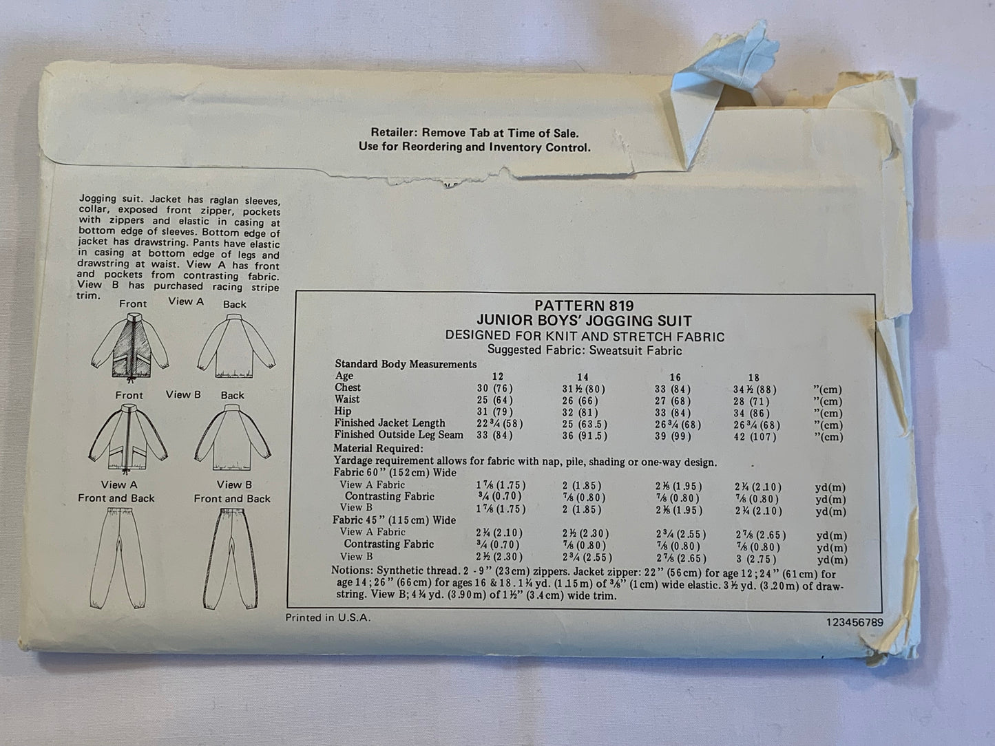 KWIK Sewing Pattern 819 Junior Boys' Jogging Suit, Top, Pants, Zipper Front, Pockets, Long Raglan Sleeves, Size 12-18, Uncut, Vintage 1987