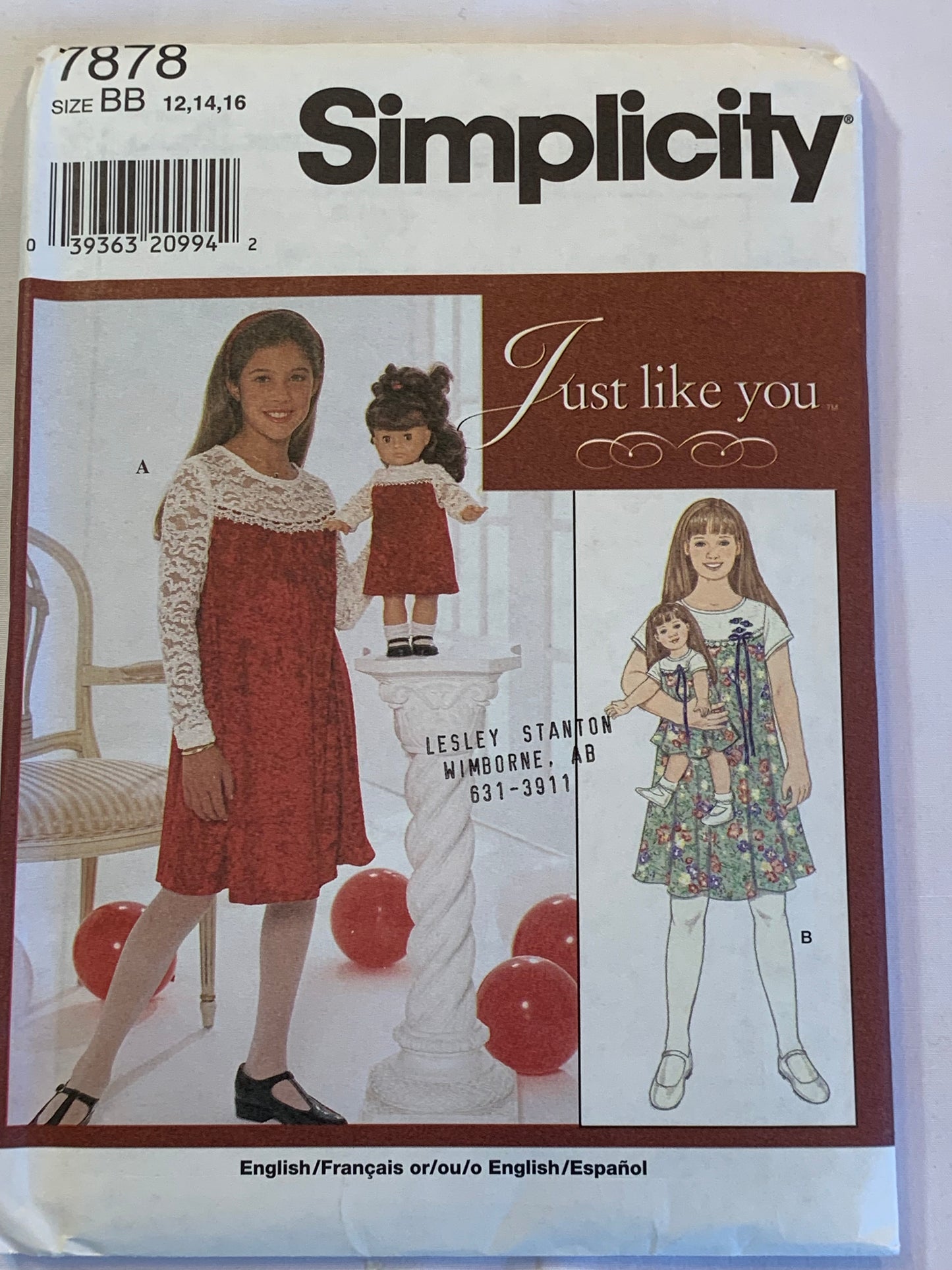 Simplicity Sewing Pattern 7878 Girls' Dress, Doll Dress 18", Zipper Back, Long/Short Sleeves, Flared Skirt, Size 12-16, Uncut, Vintage 1997