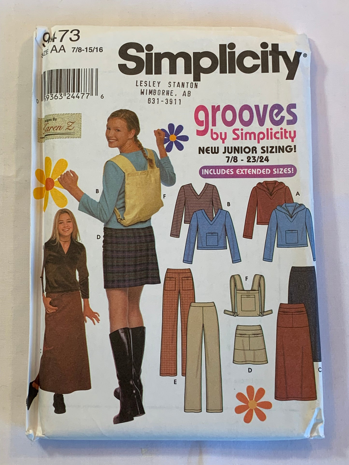 Simplicity Grooves Sewing Pattern 9473 Misses'Junior Pants, Skirt, Backpack, Knit Top, Pockets, Zipper Front, Two Lengths, Size 7-16, Uncut, 2000
