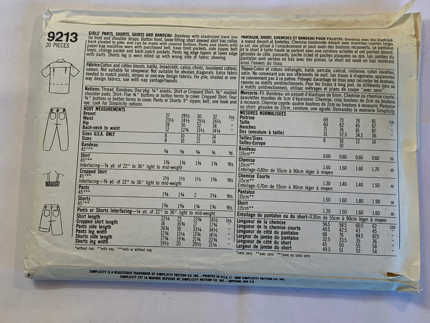 Simplicity Sewing Pattern Sherry Holt 9213 Girls' Top, Pants, Shorts, Bandeau, Sleeveless, Pockets, Elastic Waist, Short Sleeves, Button Front, Size 12, Uncut, Vintage 1989