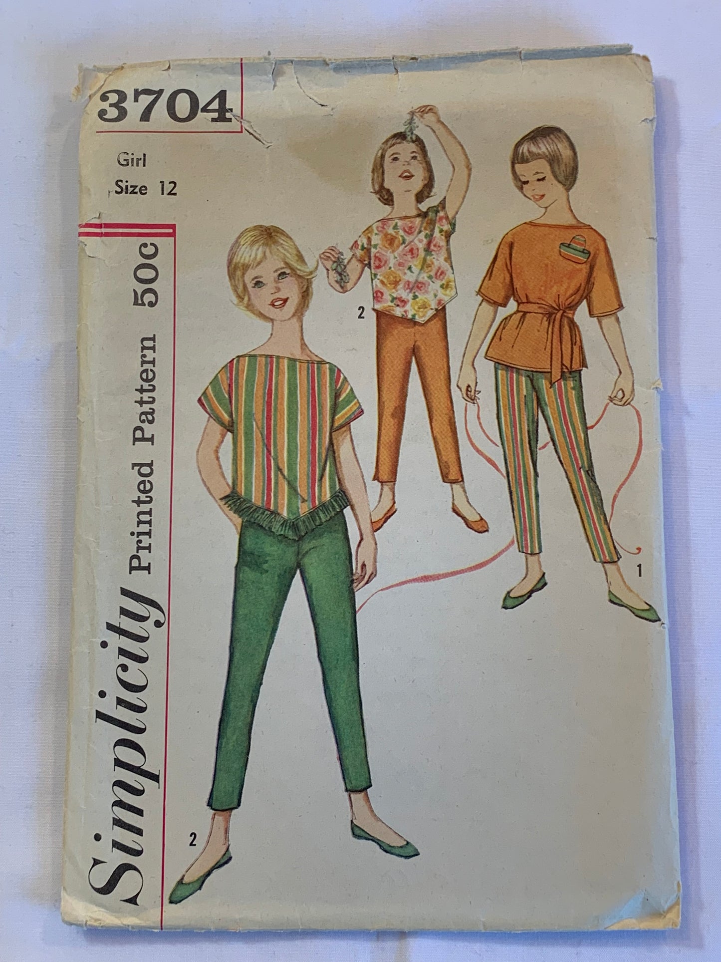 Simplicity Sewing Pattern 3704 Girls' Tops, Pants, Short Kimono Sleeves, Zipper Neck, Elastic Waist, 3 Variations, Size 12, Cut, Vintage 1965