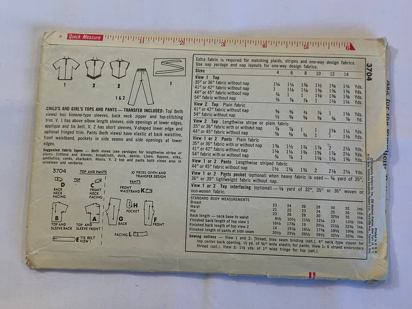 Simplicity Sewing Pattern 3704 Girls' Tops, Pants, Short Kimono Sleeves, Zipper Neck, Elastic Waist, 3 Variations, Size 12, Cut, Vintage 1965