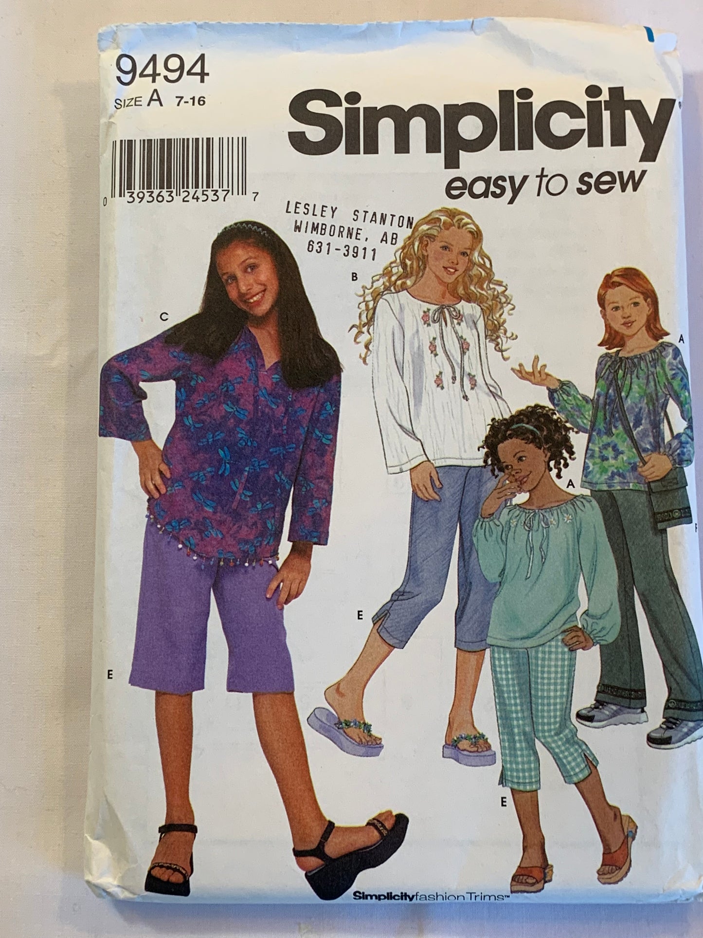 Simplicity Sewing Pattern 9494 Girls' Tops, Pants, Two Lengths, Shoulder Bag, 3 Variations, Long Sleeves, Pullover, Size 7-16, Uncut, 2000