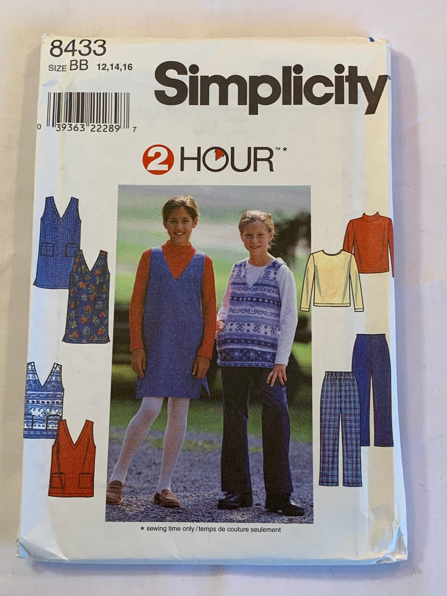 Simplicity Sewing Pattern 8433 Girls' Jumper, Vest, Pants, Knit Top, Loose-Fitting, Pockets, Pull-On, Elastic Waist, Long Sleeves, Size 7-10, Uncut, Vintage 1999