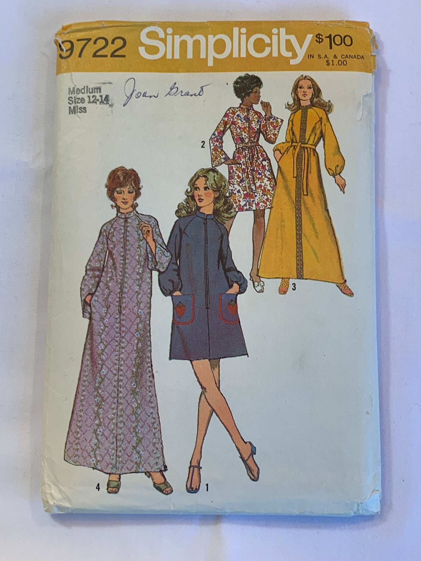Simplicity Sewing Pattern 9722 Misses' Robe, Housecoat, Long Sleeves, Tie Belt, Front Wrap, Two Lengths, Belt, Size 12-14, Cut, Vintage 1971