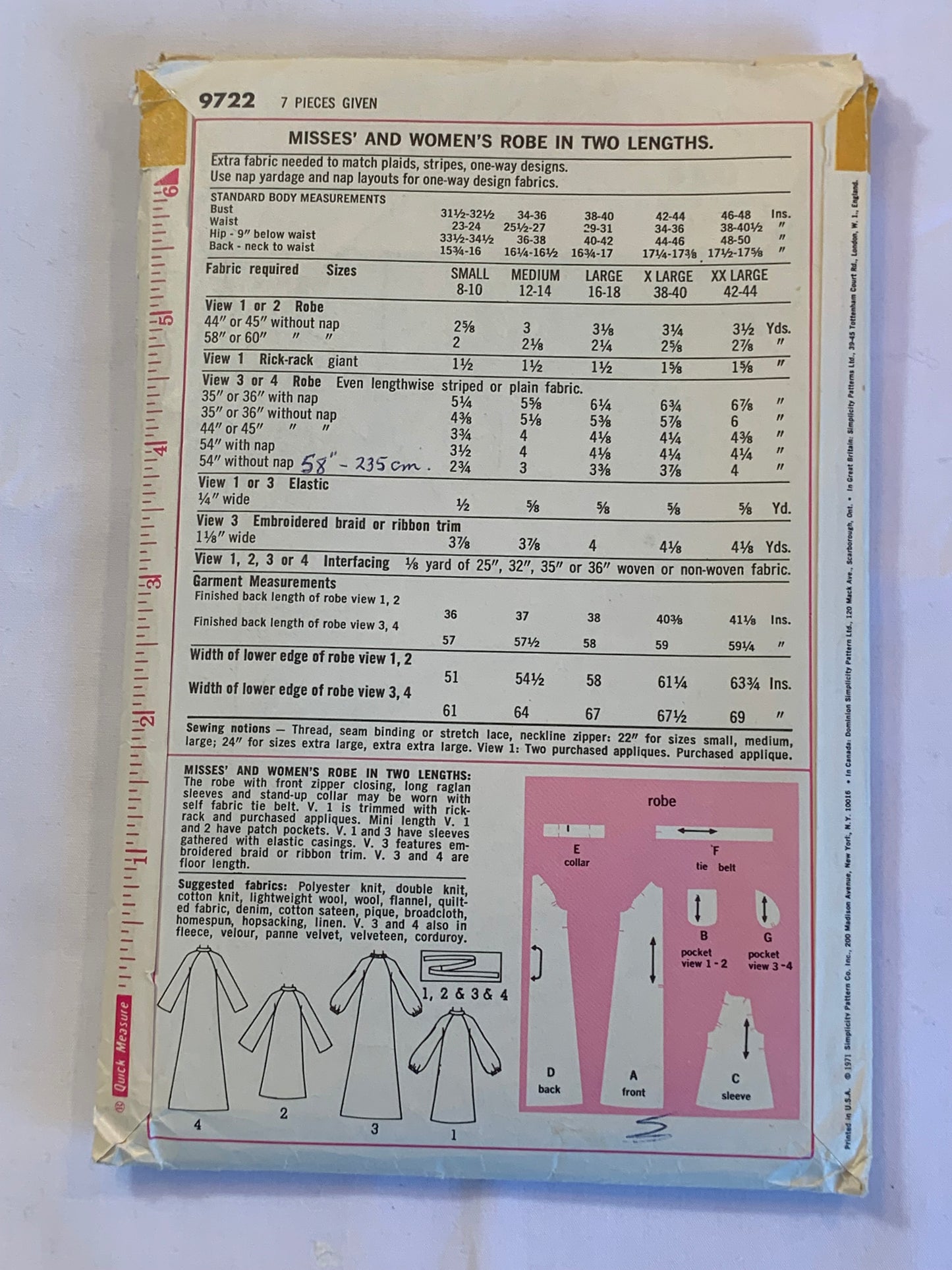 Simplicity Sewing Pattern 9722 Misses' Robe, Housecoat, Long Sleeves, Tie Belt, Front Wrap, Two Lengths, Belt, Size 12-14, Cut, Vintage 1971
