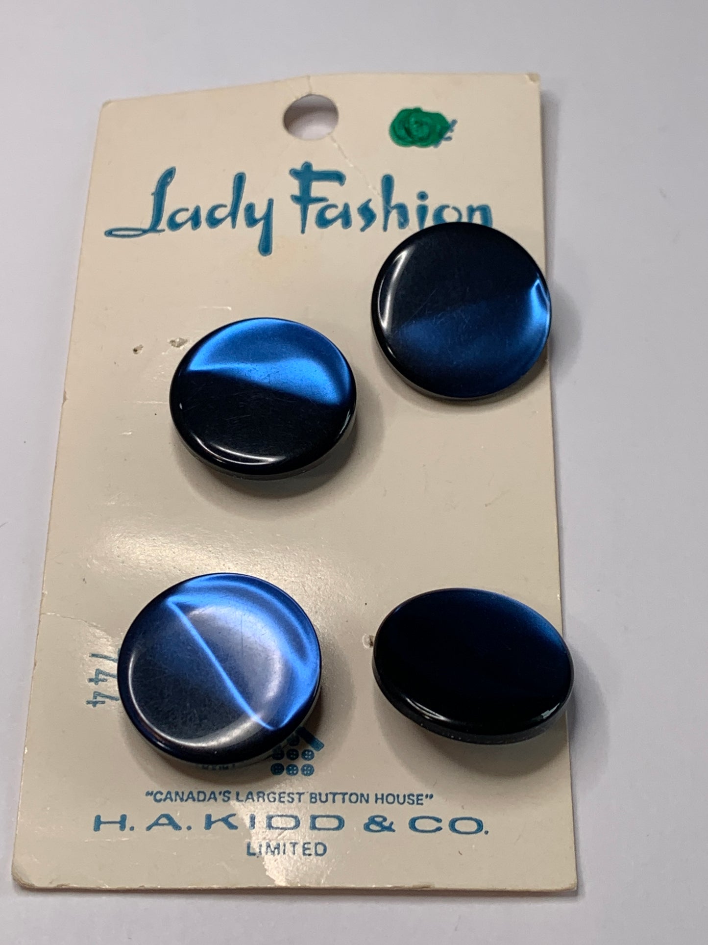 Vintage 4 Round Plastic Buttons, Shank, Blue, 1.8 cm, New/Old Stock
