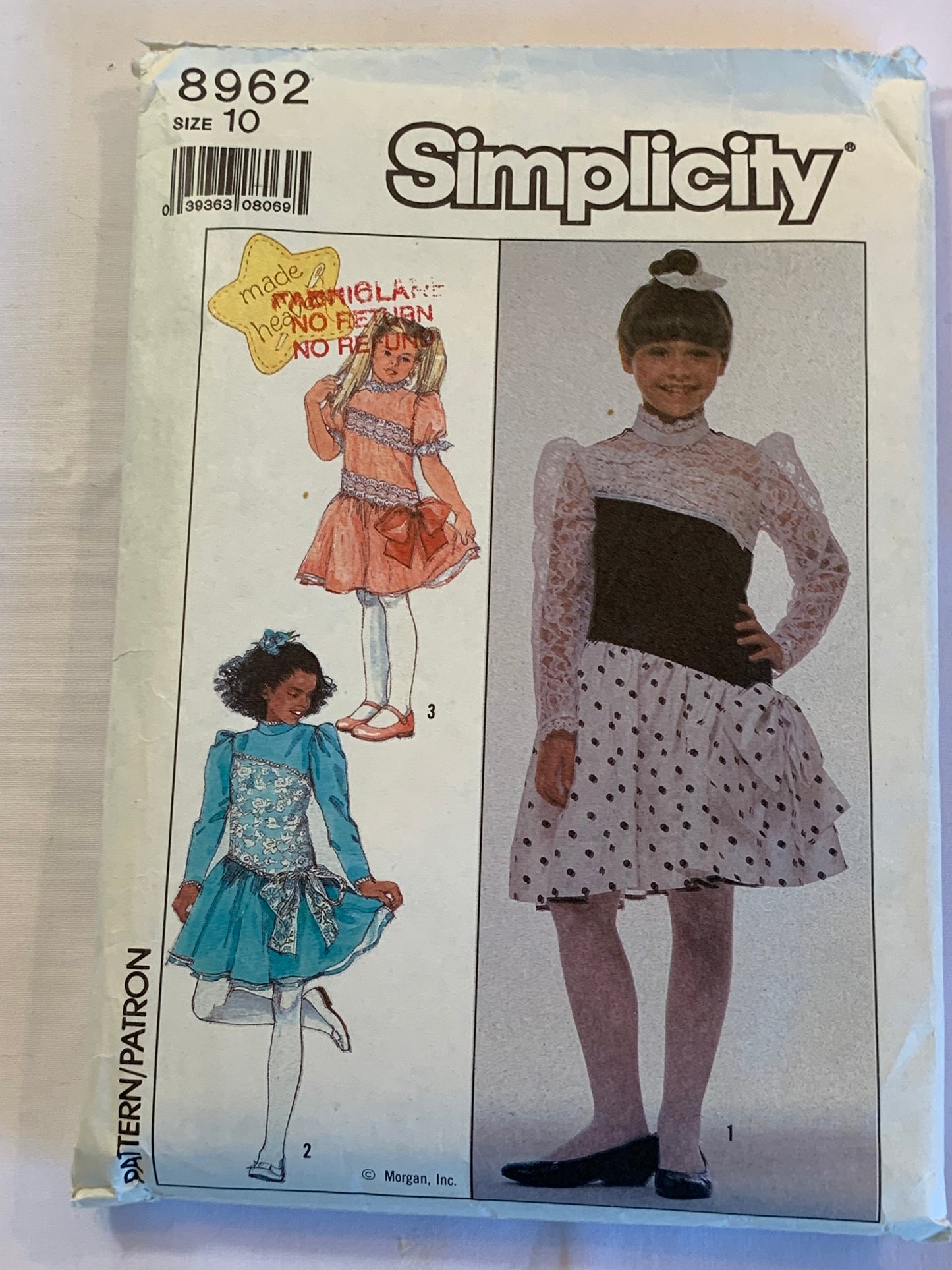 Simplicity Sewing Pattern 8962 Girls' Dress, Short/Long Sleeves, Zipper Back, Gathered Skirt, Petticoat, Collar, Size 10, Cut, Vintage 1988