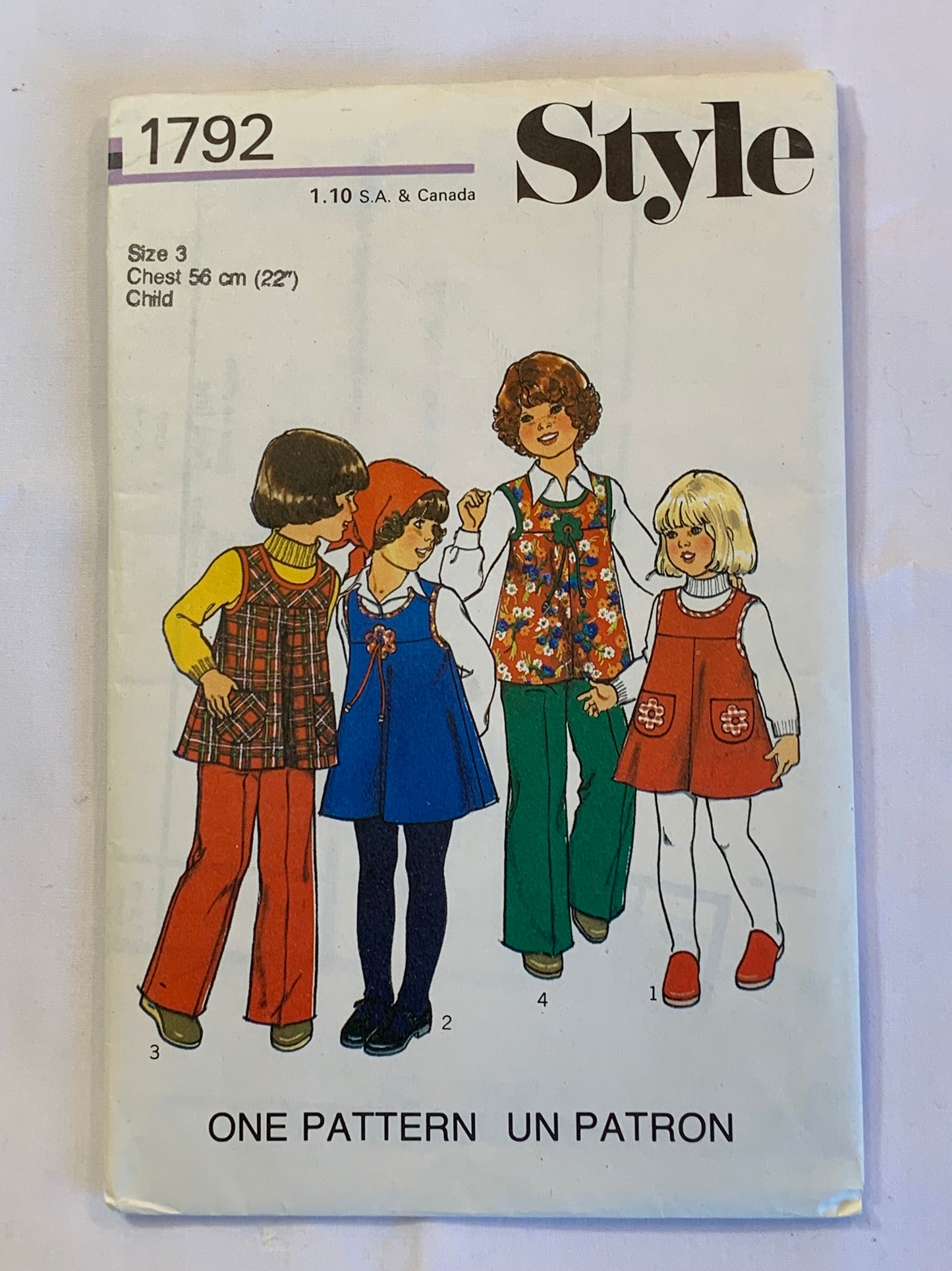 Style Sewing Pattern 1792 Girls' Pinafore, Top, Trousers, Zipper Back, Sleeveless, Elastic Waist, Size 3, Cut, Vintage 1976