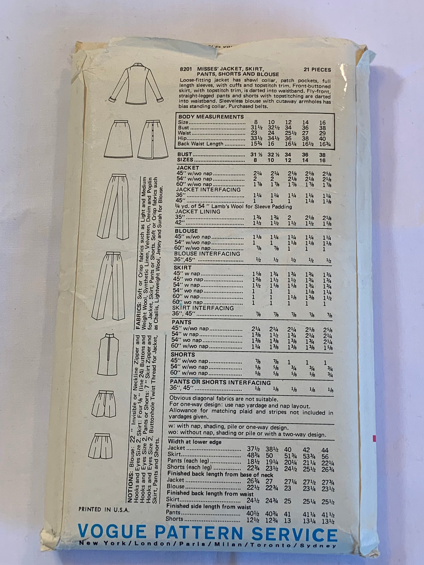Vogue Sewing Pattern 8201 Misses' Jacket, Skirt, Top, Shorts, Pants, Pockets, Loose-Fitting, Shawl Collar, Size 12, Cut, Vintage 1984