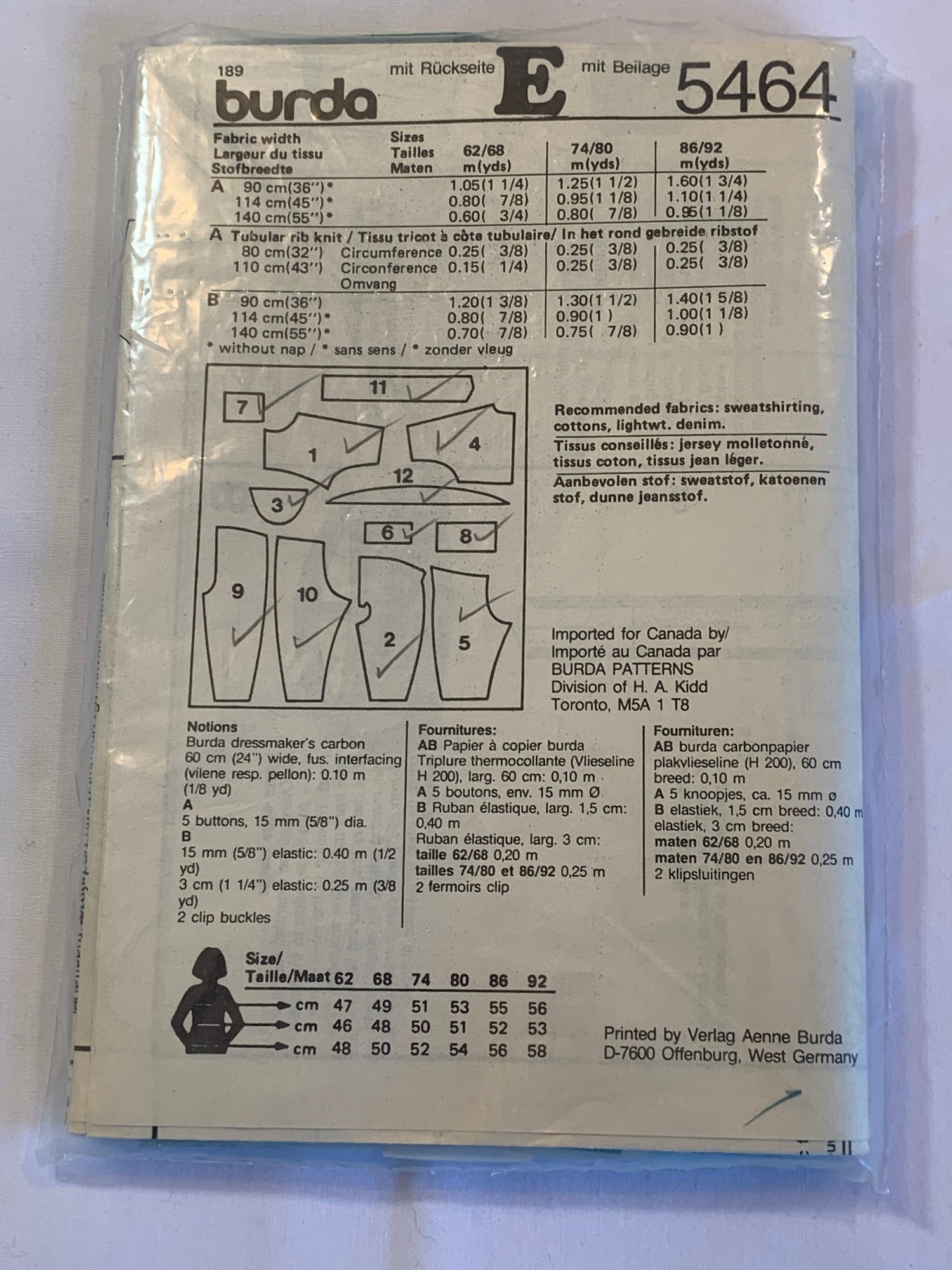Burda Sewing Pattern 5464 Infant's Baby Jumpsuit, Rompers, Long Sleeves, Cross Shoulder Straps, Button Front, Size 3m-18m, Uncut, 2000