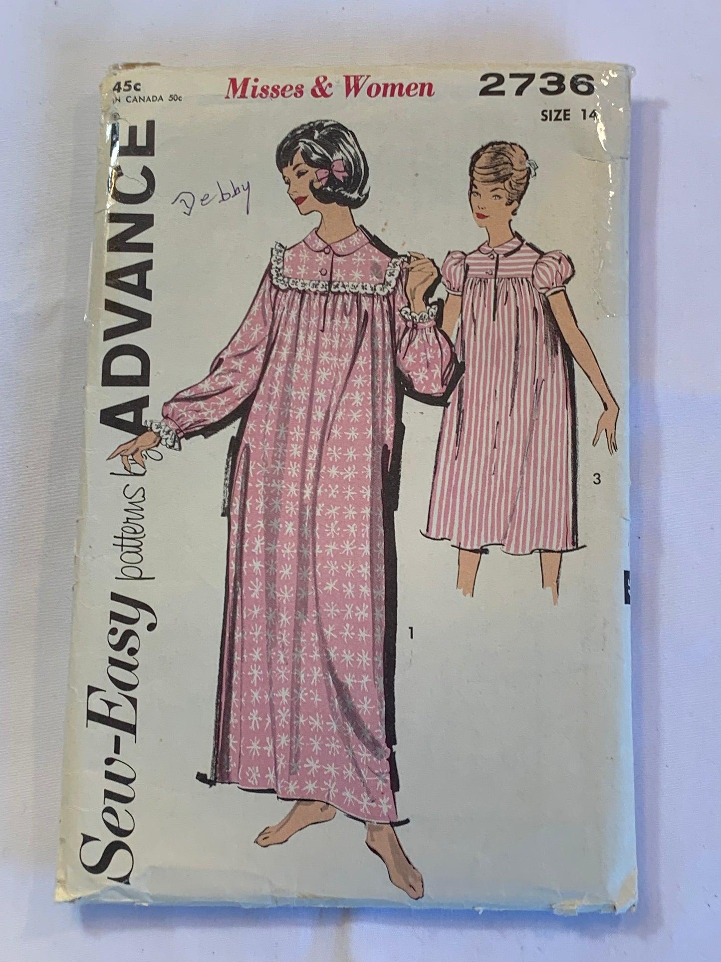 Advance Sewing Pattern 7739 Misses' Nightgown Two Lengths, Long/Short Sleeves, Collar, Ruffles, Size 14, Cut, Vintage 1950