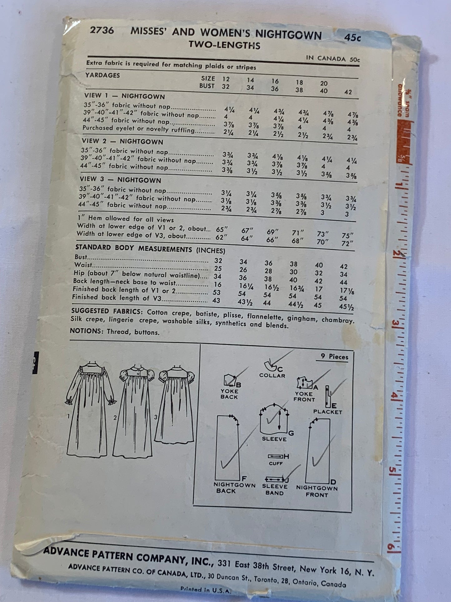 Advance Sewing Pattern 7739 Misses' Nightgown Two Lengths, Long/Short Sleeves, Collar, Ruffles, Size 14, Cut, Vintage 1950