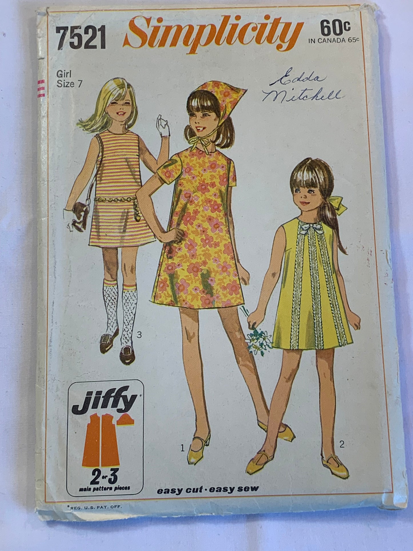 Simplicity Jiffy Sewing Pattern 7521 Girls'/Chubbies' Dress, Scarf, Zipper Back, Short Sleeves, Sleeveless, 3 Variations, Size 7, Cut, Vintage 1967