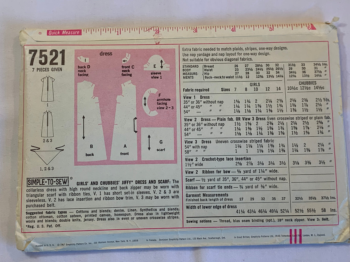 Simplicity Jiffy Sewing Pattern 7521 Girls'/Chubbies' Dress, Scarf, Zipper Back, Short Sleeves, Sleeveless, 3 Variations, Size 7, Cut, Vintage 1967