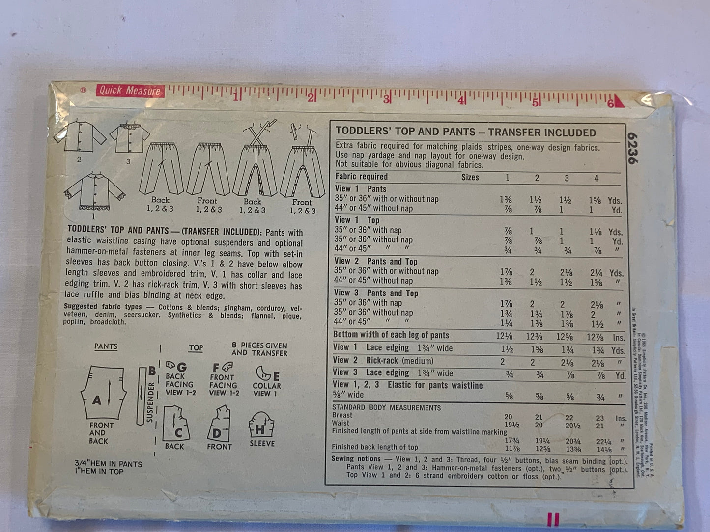 Simplicity Sewing Pattern 6236 Toddlers' Top, Pants, Elastic Waistline, Long/Short Sleeves, Collar, Ruffles, Size 1, Cut, Vintage 1965