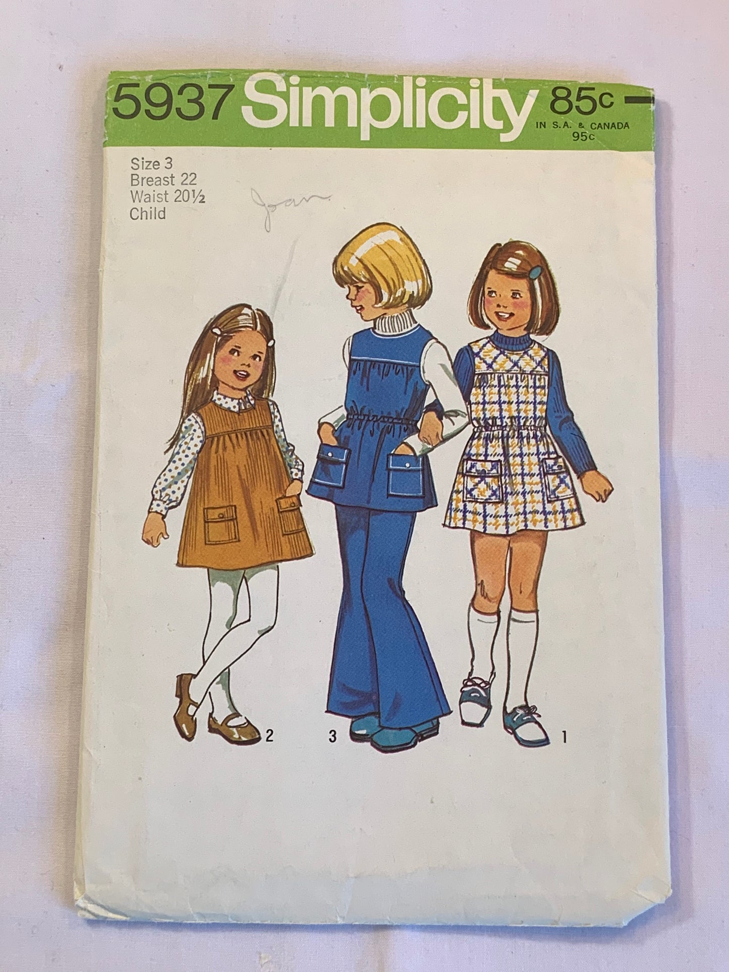 Simplicity Sewing Pattern 5937 Girls' Jumper, Tunic, Bell Bottom Pants, Zipper Back, Pockets, Elastic Waist, Size 3, Cut, Vintage 1973