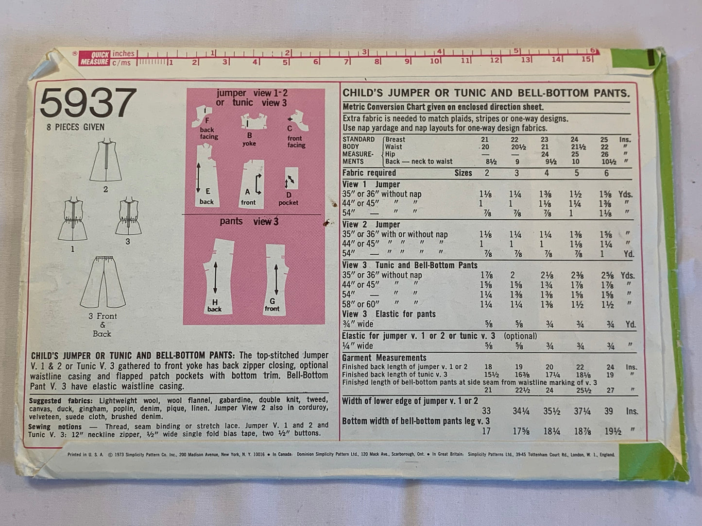 Simplicity Sewing Pattern 5937 Girls' Jumper, Tunic, Bell Bottom Pants, Zipper Back, Pockets, Elastic Waist, Size 3, Cut, Vintage 1973