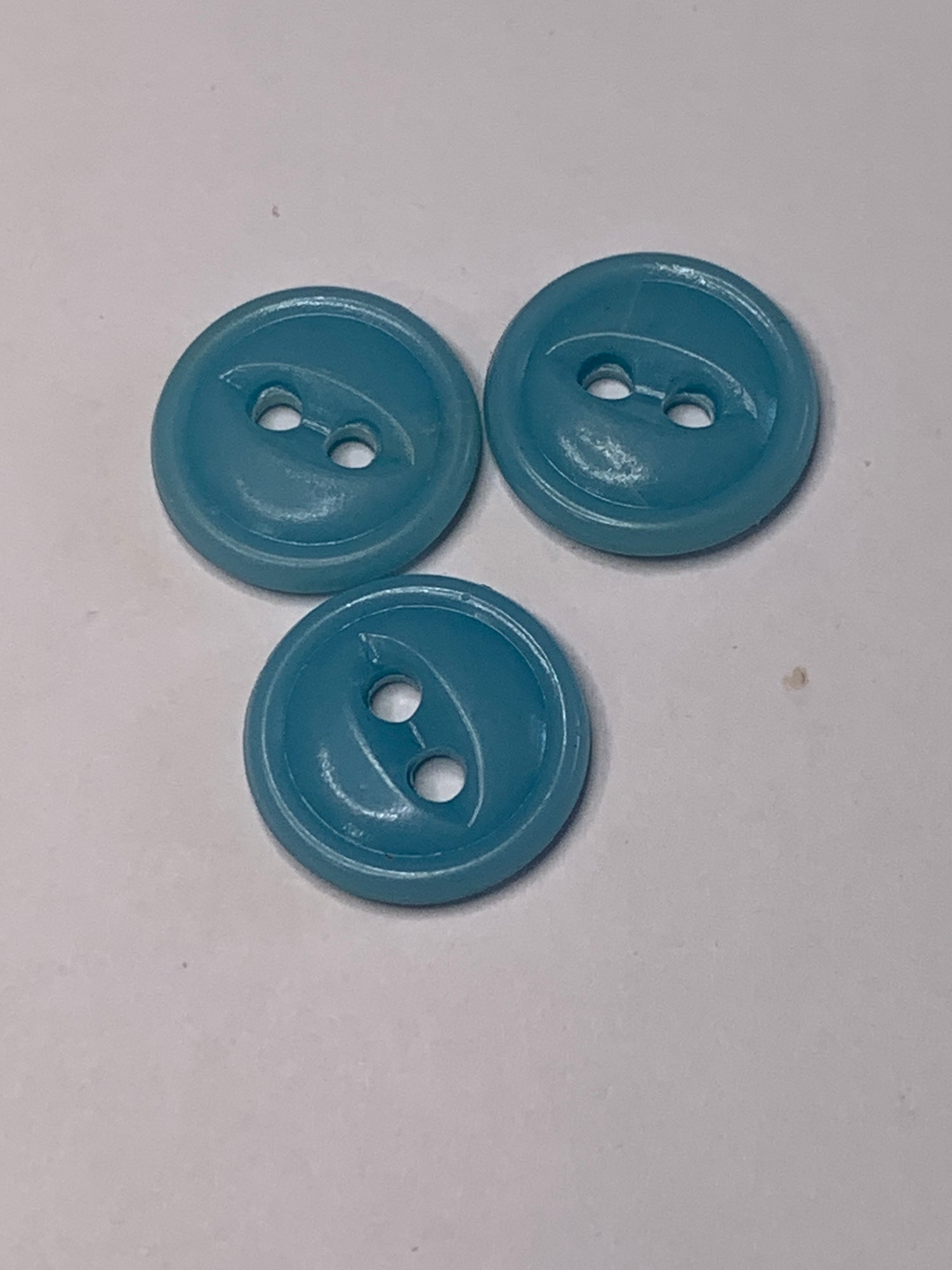 Vintage 3 Round Plastic Buttons, 2 Holes, Light Blue, 1.5 cm, New/Old Stock