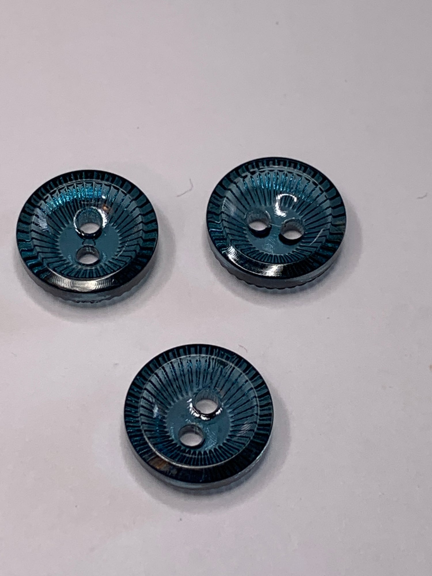 Vintage 3 Round Plastic Buttons, 2 Holes, Abstract Design, Blue, 1.0 cm, New/Old Stock