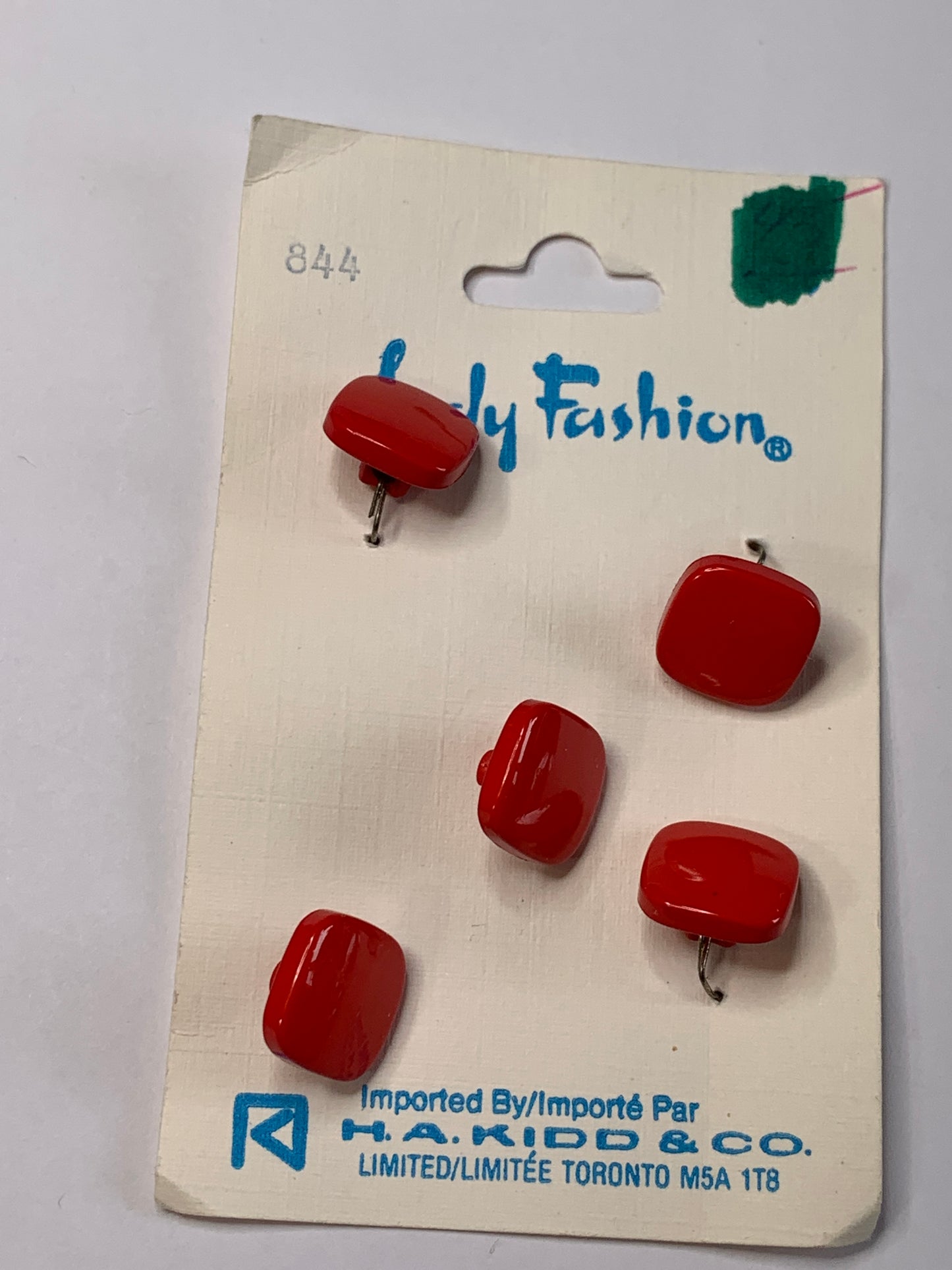 Vintage Children/Baby 5 Plastic Square Buttons, Shank, Red, 1.0 cm, New/Old Stock