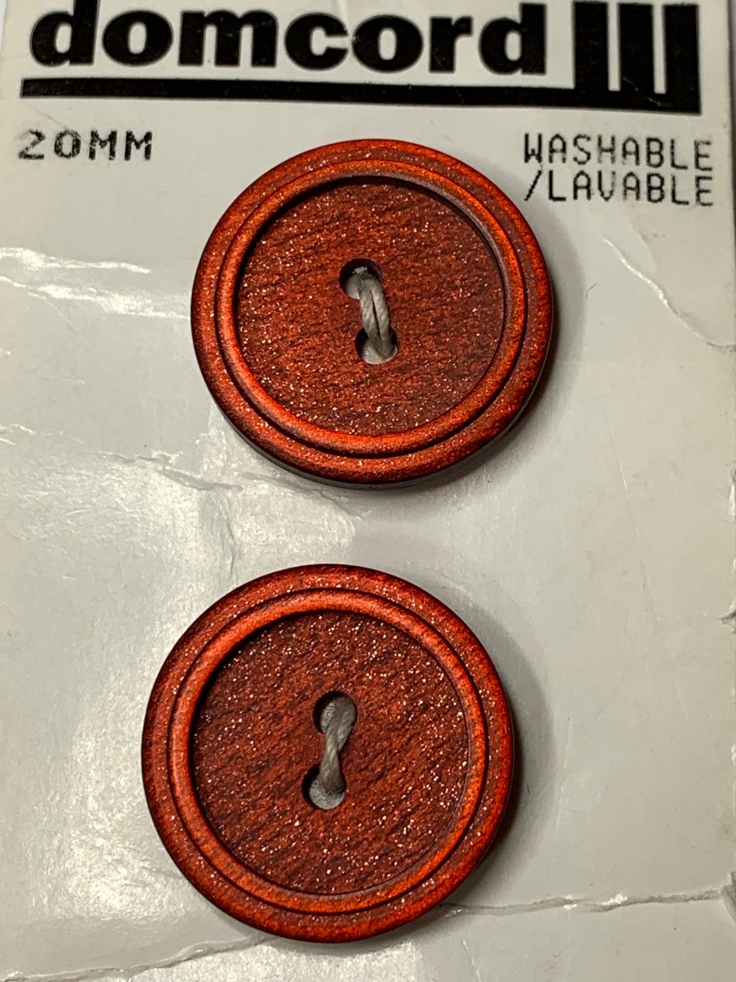 Vintage 2 Round Plastic Buttons, Two Hole, Red, 2.0 cm, New/Old Stock