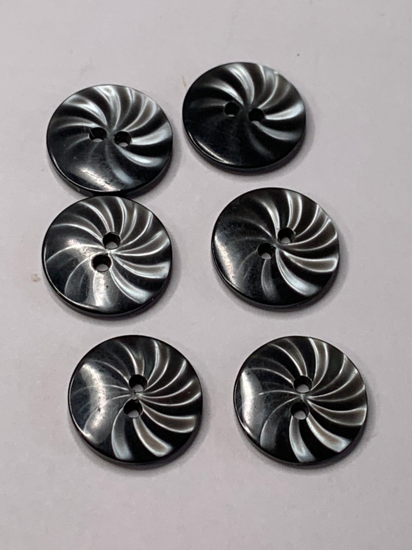 Vintage 6 Round Plastic Buttons, Two Holes, Swirl Grey, 1.5 cm, New/Old Stock