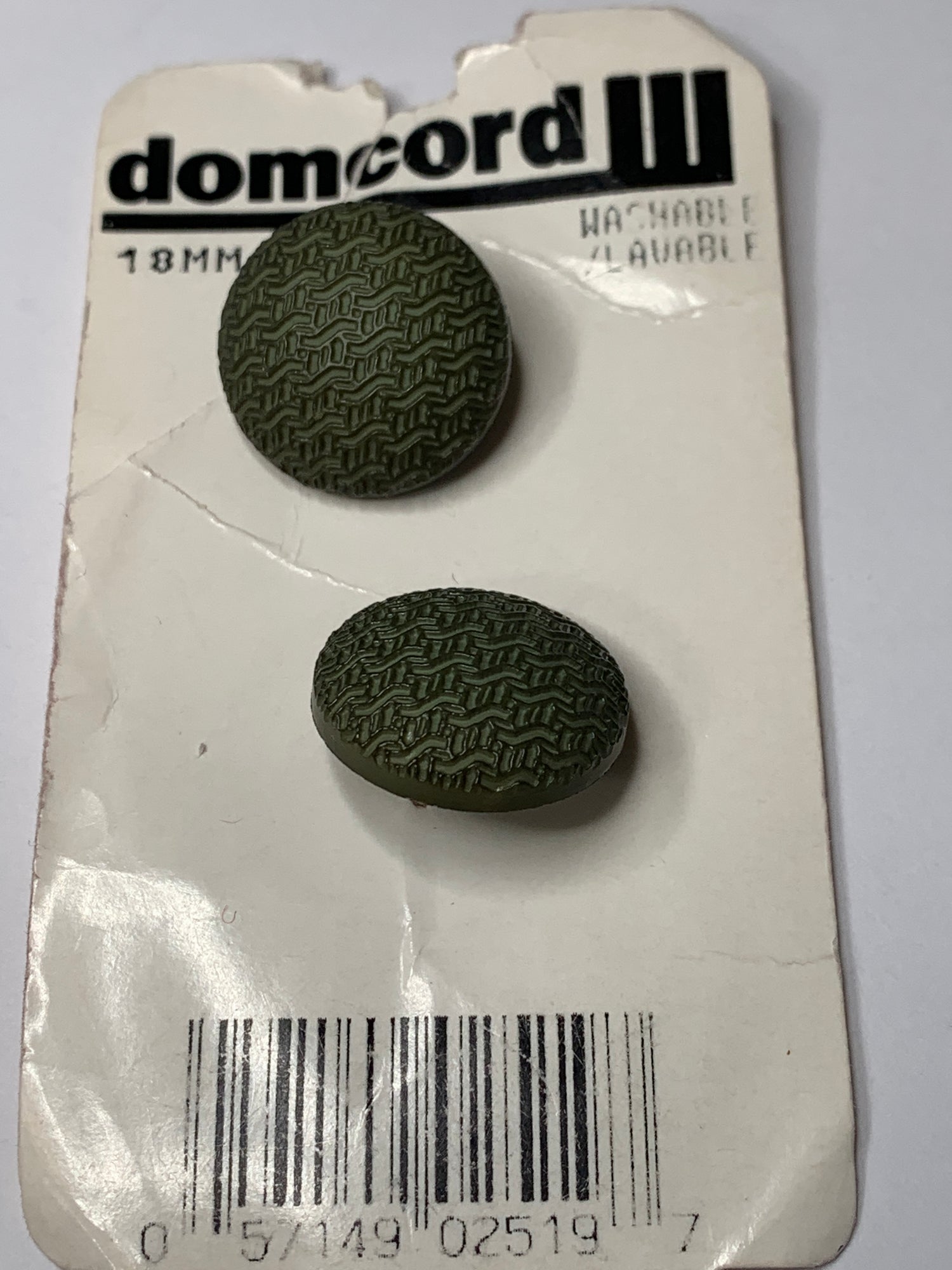 Vintage 2 Round Plastic Buttons, Shank, Green, 1.8cm, New/Old Stock