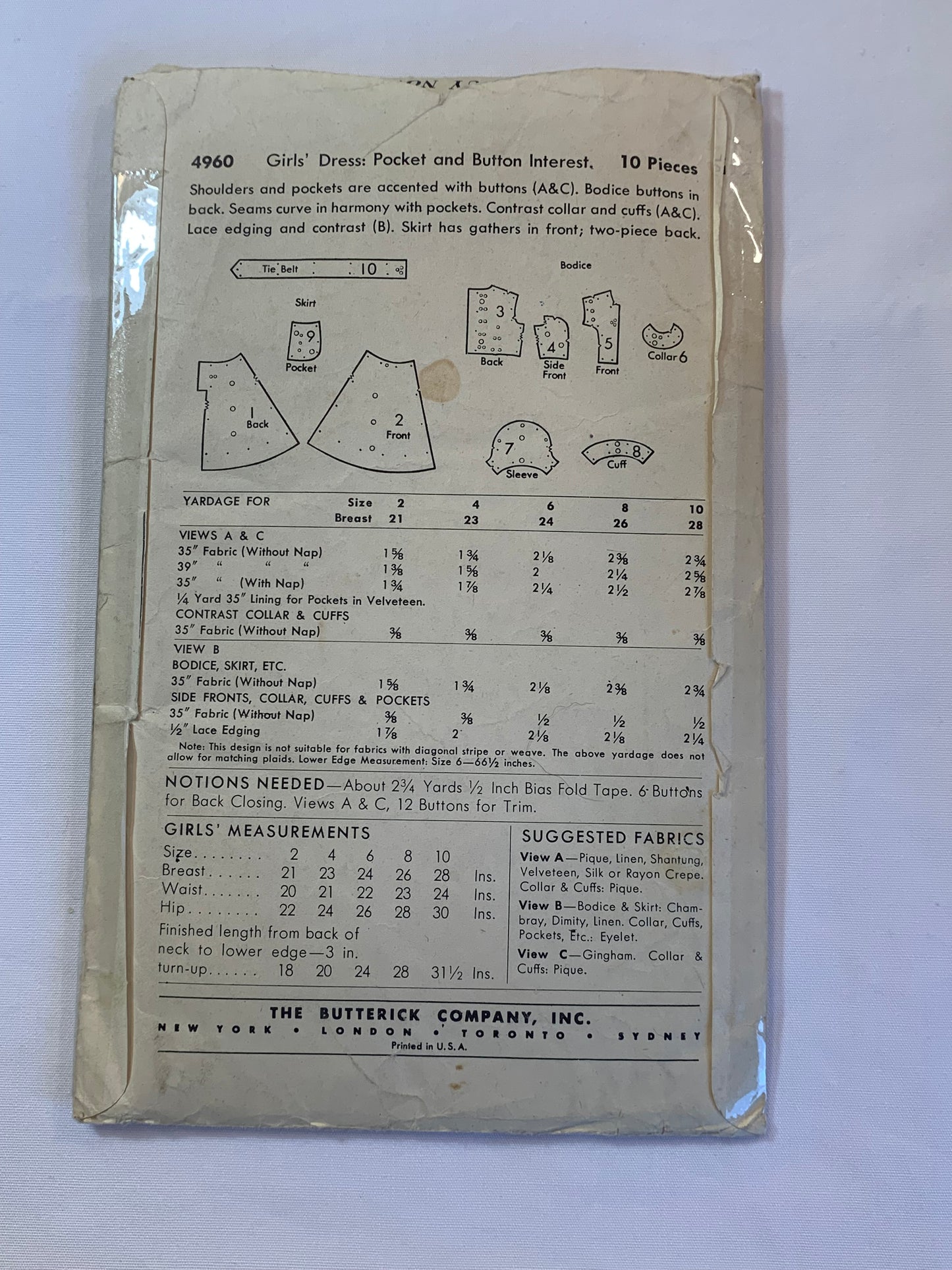 Butterick Sewing Pattern 4960 Girls' Dress, Pocket, Collar, Button Back, Tie Back, 3 Variations, Size 2, Cut, Vintage 1950