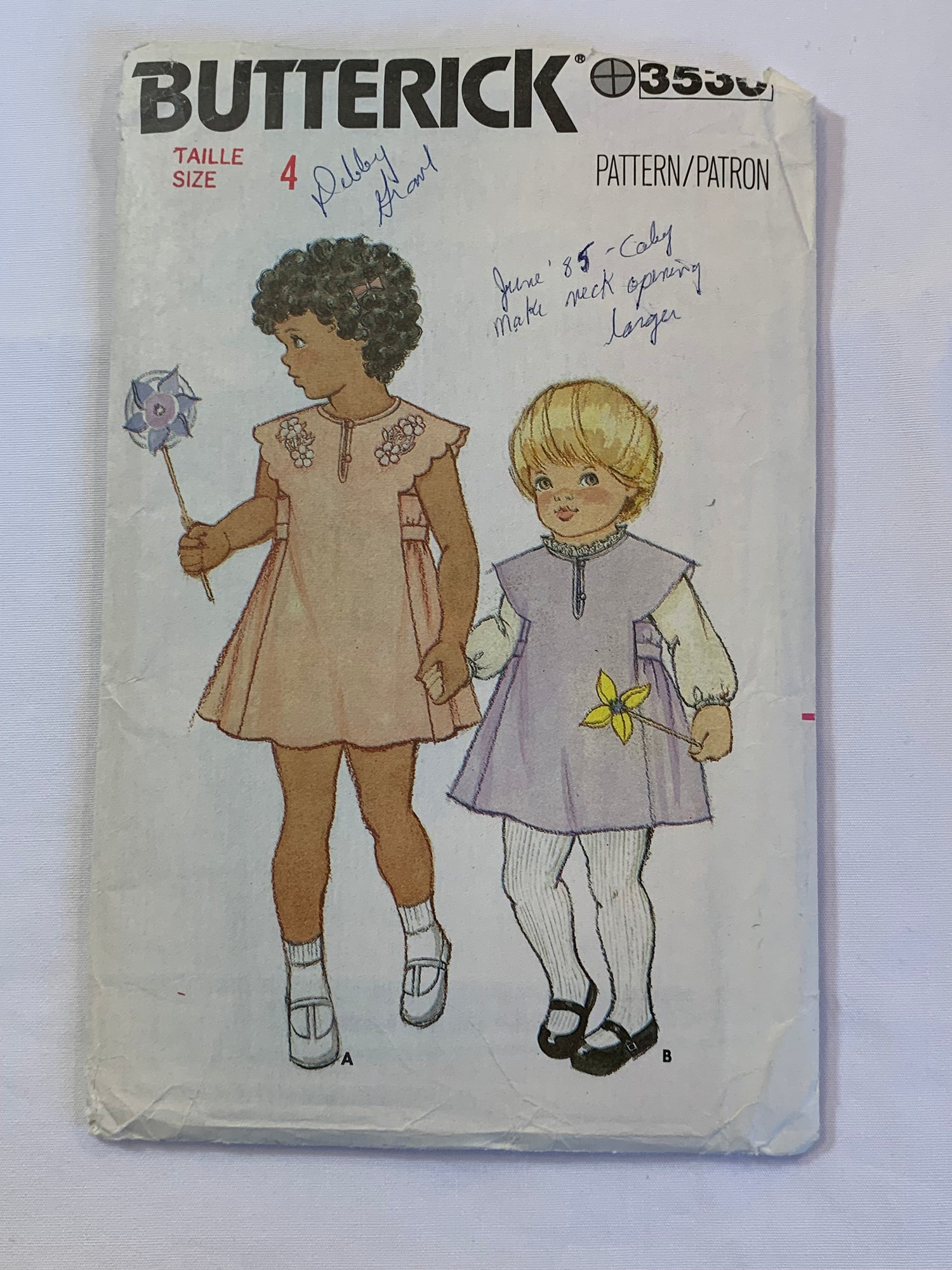 Butterick Sewing Pattern 3530 Girls' Dress, Jumper, Semi-Fitted, 2 Variations, Tie Back, Full Skirt, Size 4, Cut, Vintage 1988