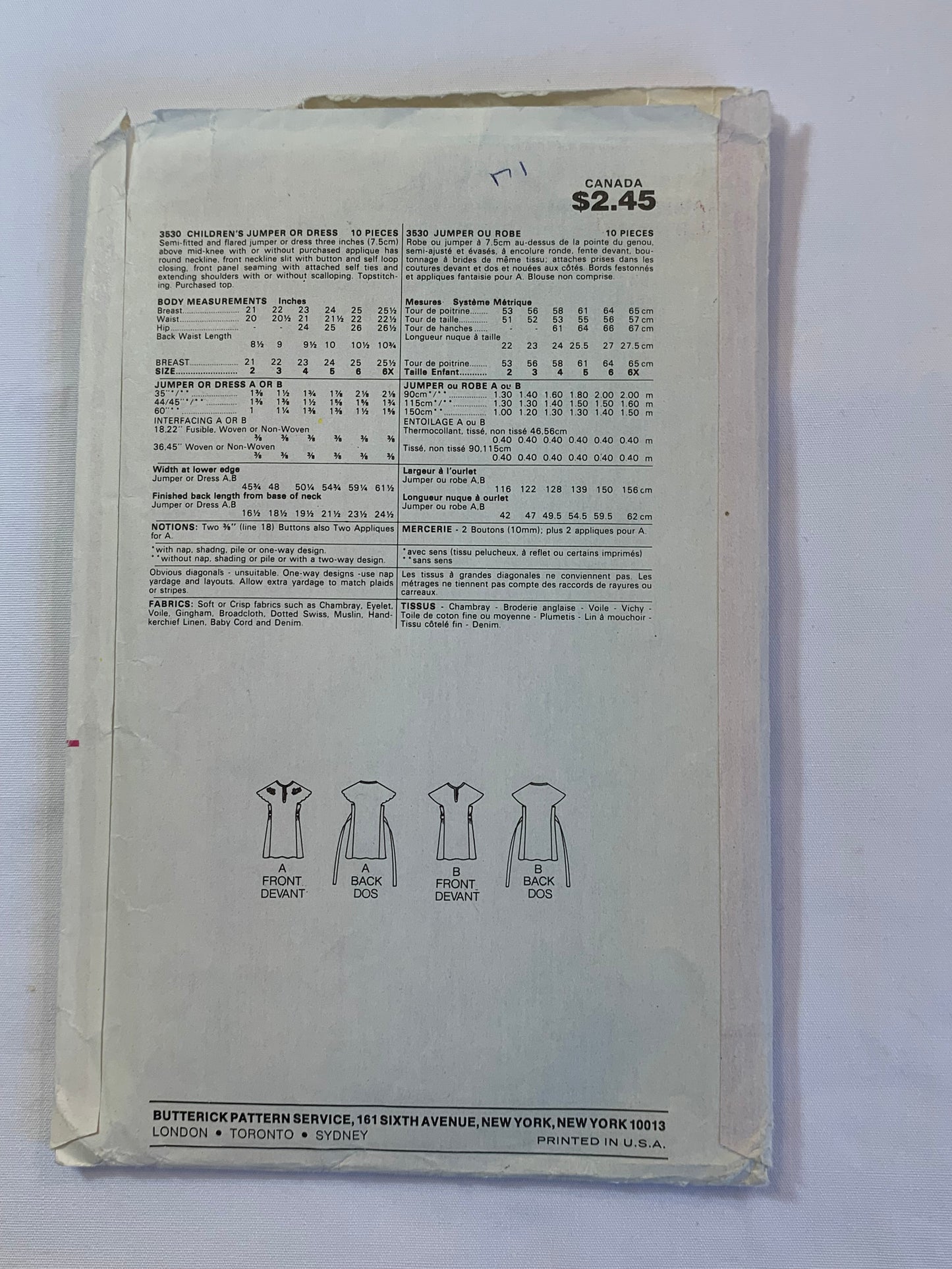 Butterick Sewing Pattern 3530 Girls' Dress, Jumper, Semi-Fitted, 2 Variations, Tie Back, Full Skirt, Size 4, Cut, Vintage 1988