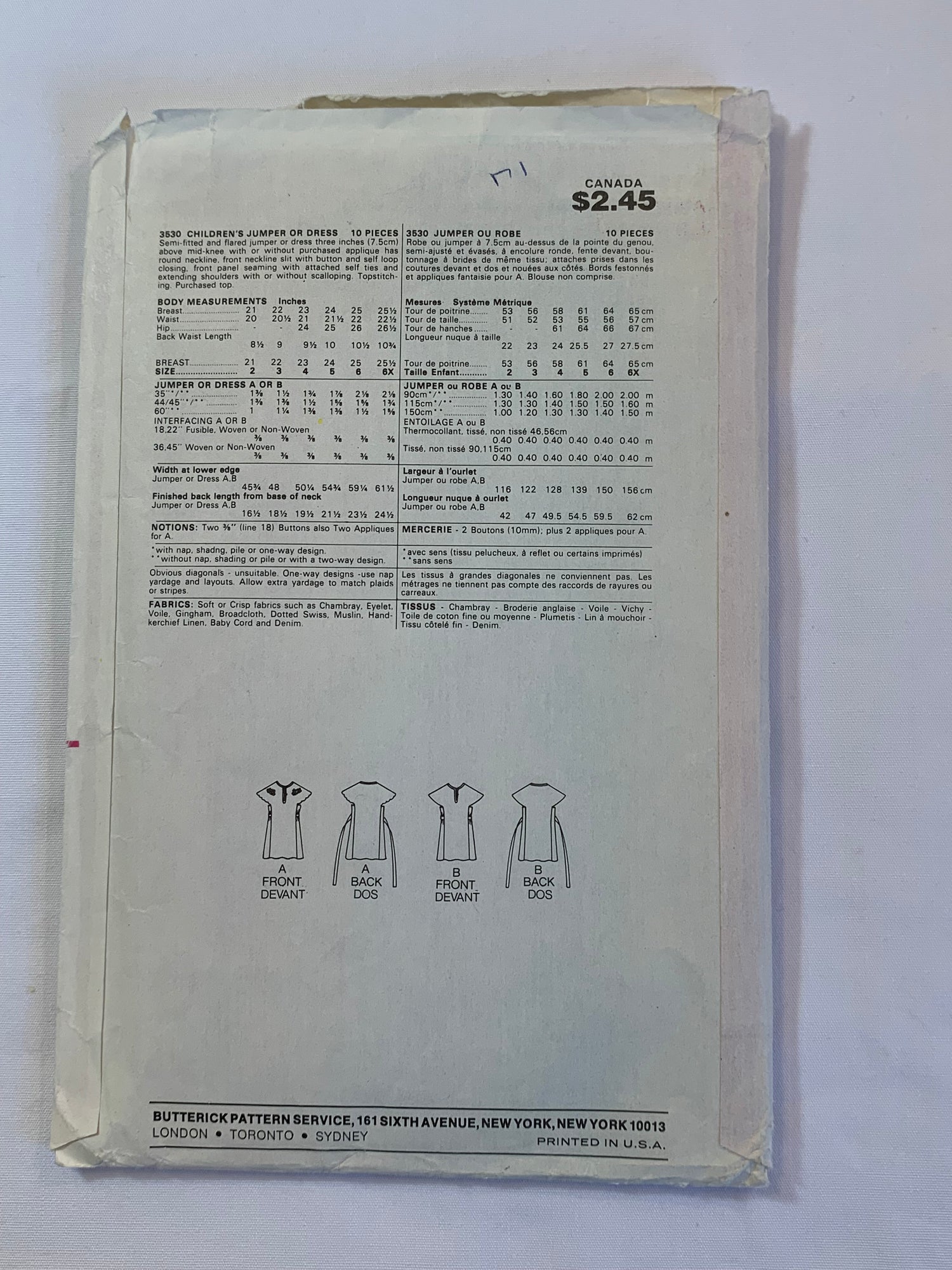 Butterick Sewing Pattern 3530 Girls' Dress, Jumper, Semi-Fitted, 2 Variations, Tie Back, Full Skirt, Size 4, Cut, Vintage 1988