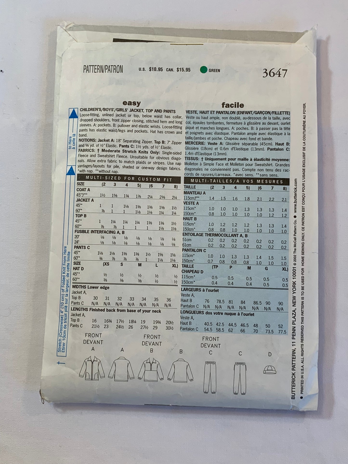 Butterick Sewing Pattern 3647 Children/Girls' Boy's Jacket, Top, Pants, Loose-Fitting, Zipper Front, Pockets, Pullover, Hat, Size 2-5, Cut, 2002