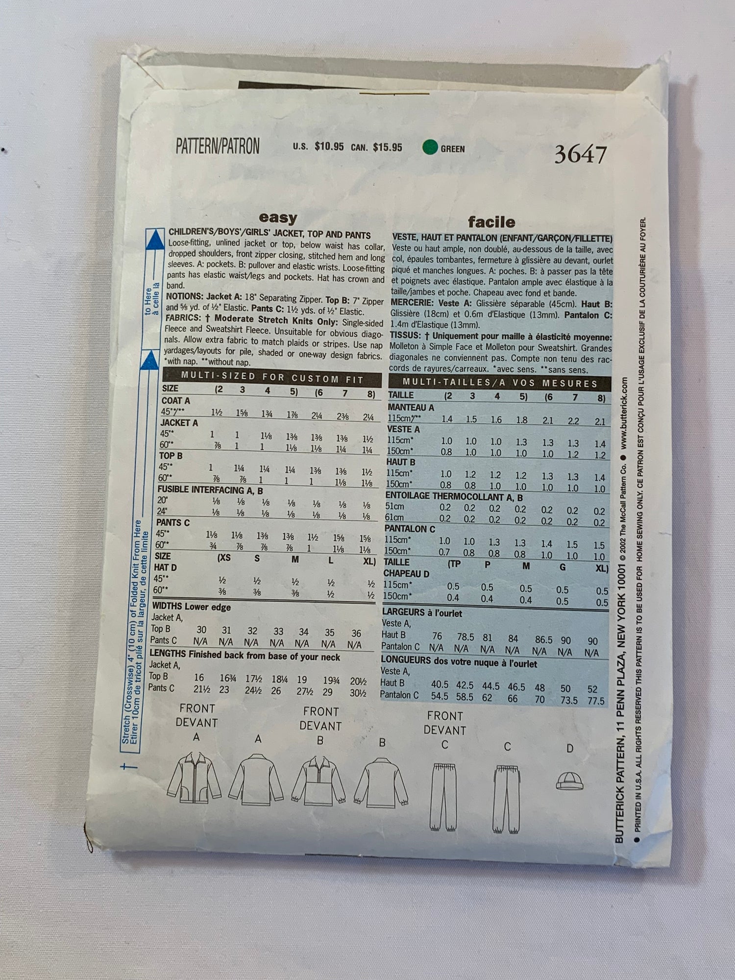 Butterick Sewing Pattern 3647 Children/Girls' Boy's Jacket, Top, Pants, Loose-Fitting, Zipper Front, Pockets, Pullover, Hat, Size 2-5, Cut, 2002