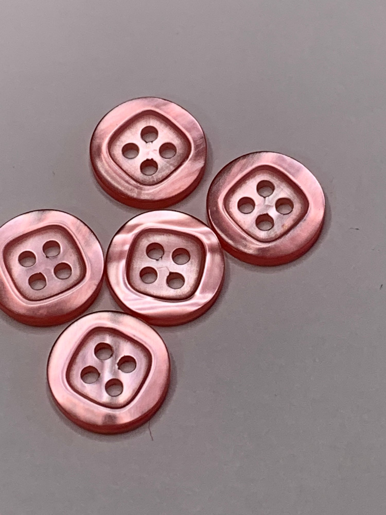 Vintage 5 Round Plastic Buttons, 4 Holes, Pink, 1.5 cm, New/Old Stock