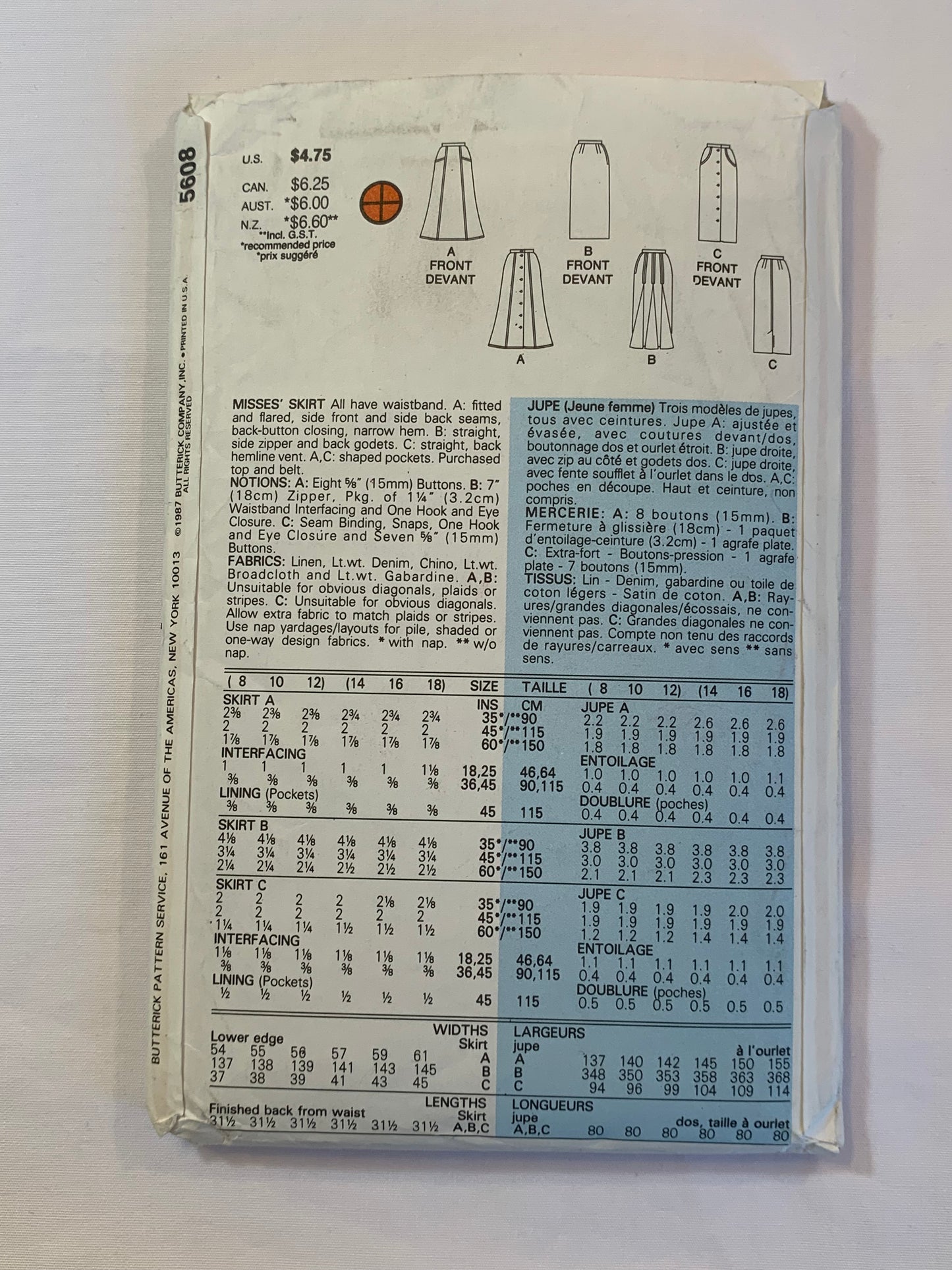 Butterick Sewing Pattern 5608 Misses' Skirt, Button Front, Pockets, Flared, Fitted, Side Zipper, 5 Variations, Size 8-12, Cut, Vintage 1996