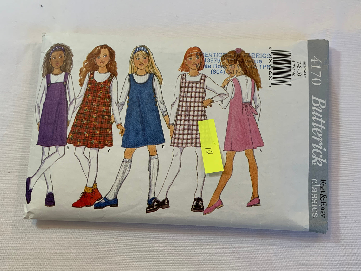 Butterick Sewing Pattern 4170 Girls' Jumper, Top, Pockets, Shoulder Straps, 5 Variations, Tie Back, Size 7-10, Cut, Vintage 1995