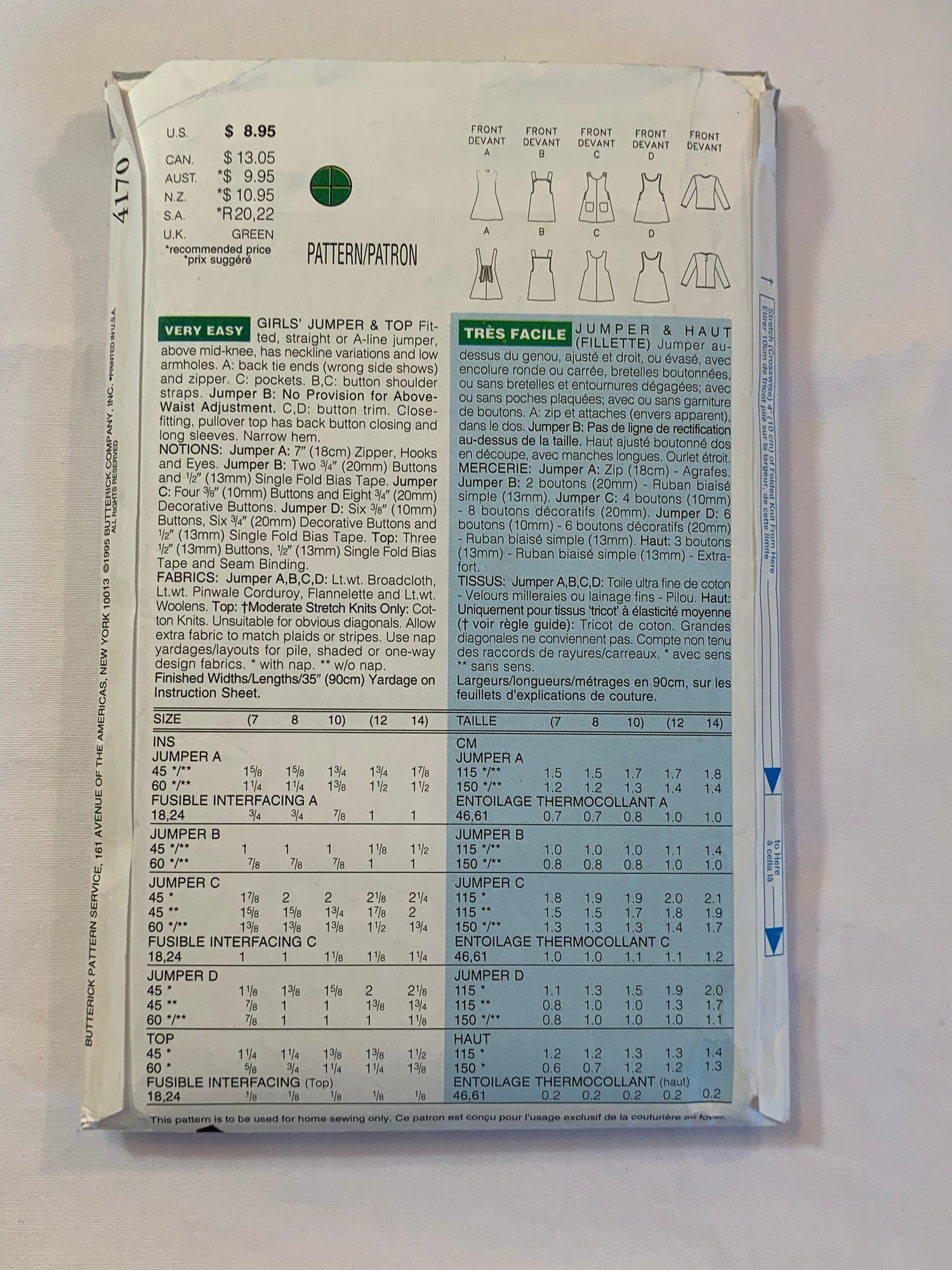 Butterick Sewing Pattern 4170 Girls' Jumper, Top, Pockets, Shoulder Straps, 5 Variations, Tie Back, Size 7-10, Cut, Vintage 1995
