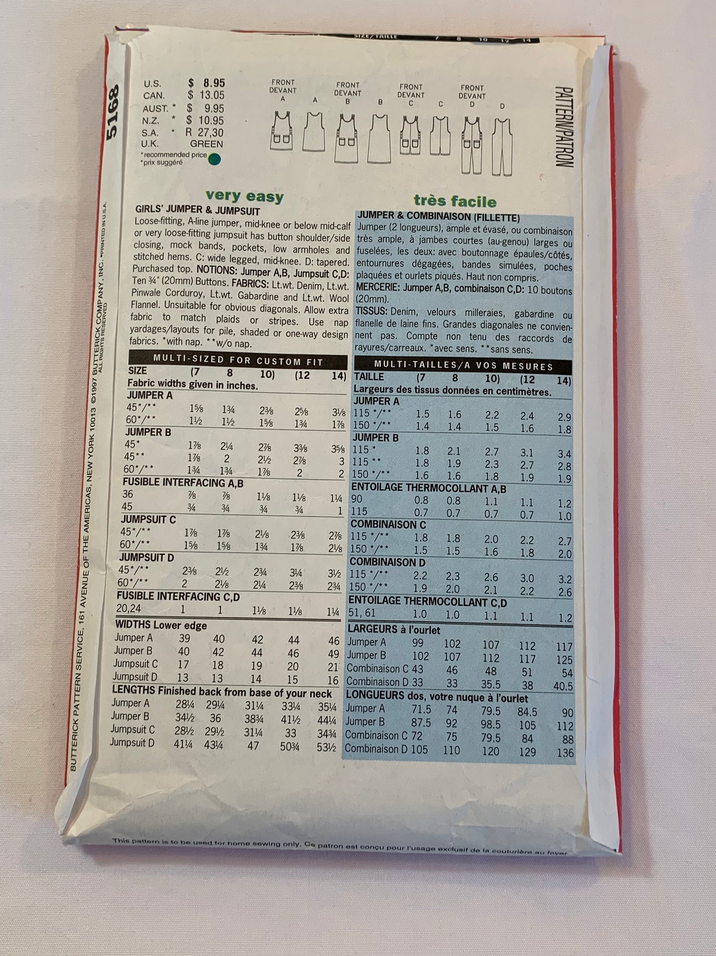 Butterick Sewing Pattern 5168 Girls' Jumper, Jumpsuit, Pockets, Sleeveless, 9 Variations, Size 12-14, Cut, Vintage 1997