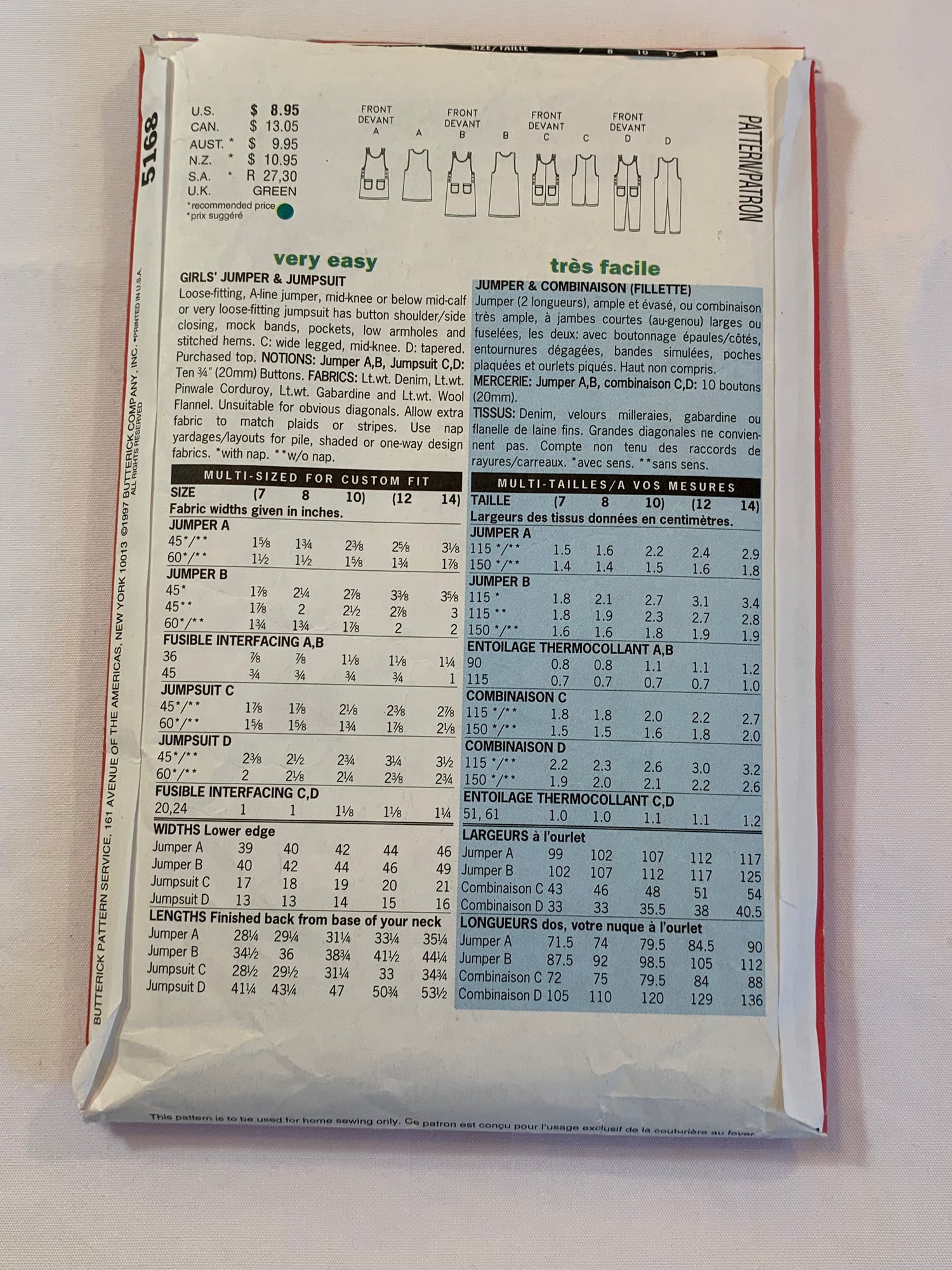 Butterick Sewing Pattern 5168 Girls' Jumper, Jumpsuit, Pockets, Sleeveless, 9 Variations, Size 12-14, Cut, Vintage 1997
