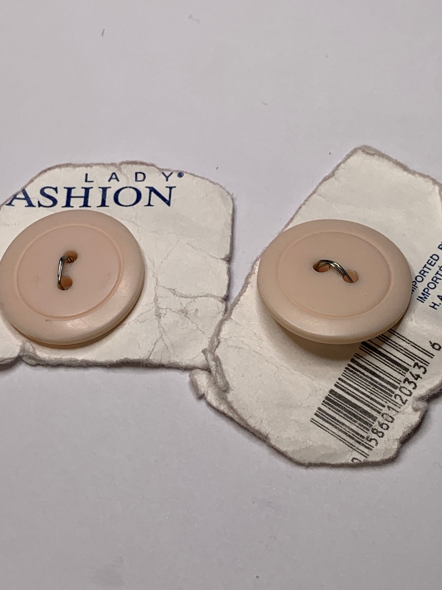 Vintage 2 Round Plastic Buttons, 2 Holes, Pink, 2.4 cm, New/Old Stock
