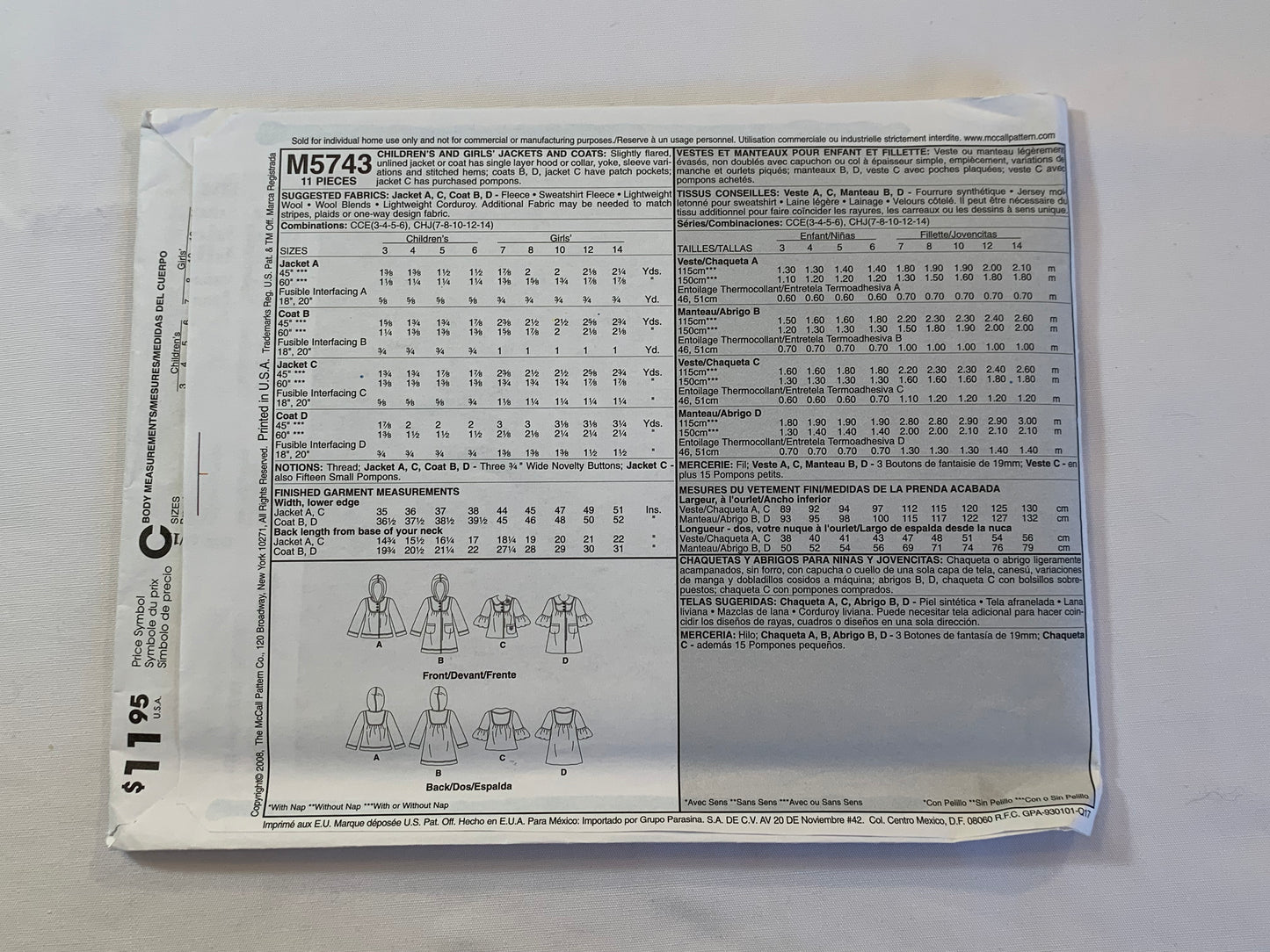 McCall's Sewing Pattern M5743 Children's/Girls' Jacket, Coat, Collar, Button Front, Hood, Pockets, Two Lengths, Size 3-6, Uncut, 2008