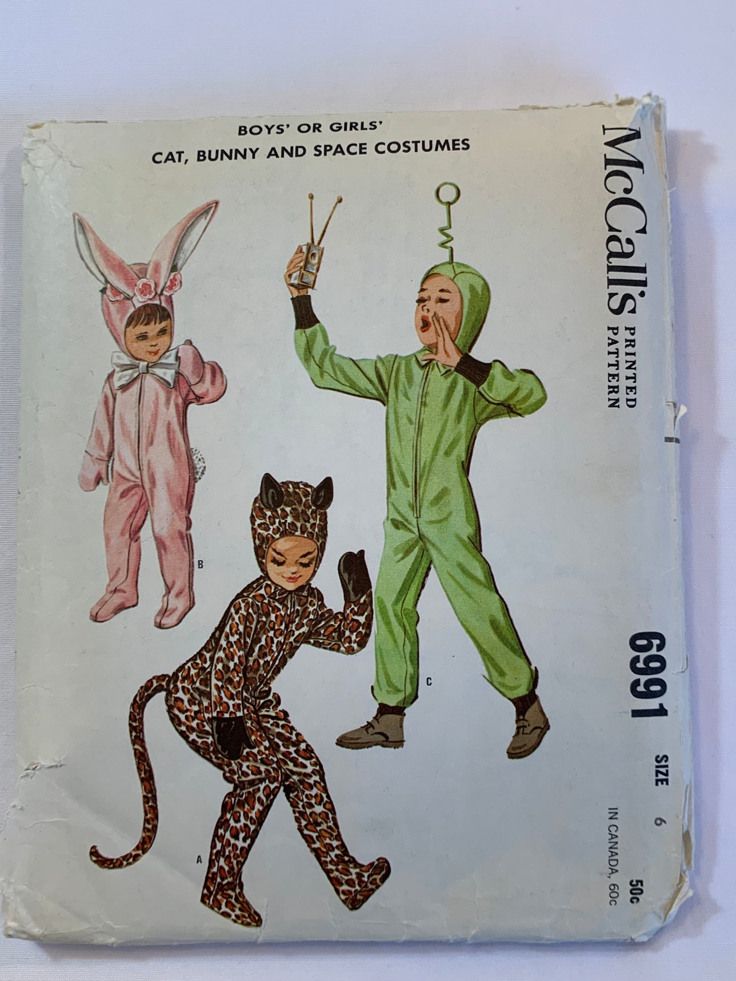 McCall's Sewing Pattern 6991 Crafts Boys'/Girls, Costumes, Halloween, Bunny, Cat, Astronaut, Dress-up, Size 6, Cut, Vintage 1963
